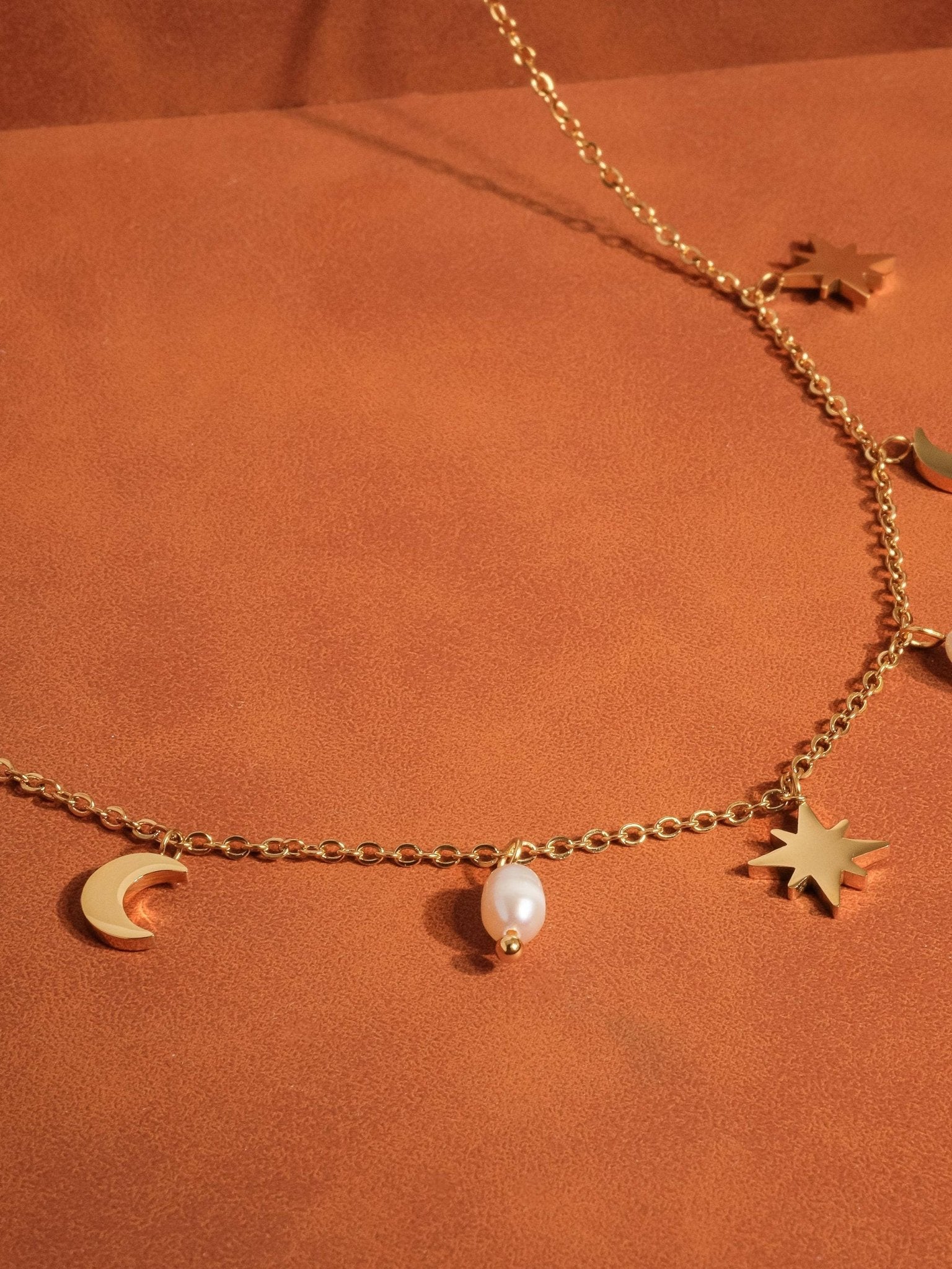18K Gold Pearl Moon and Star Choker