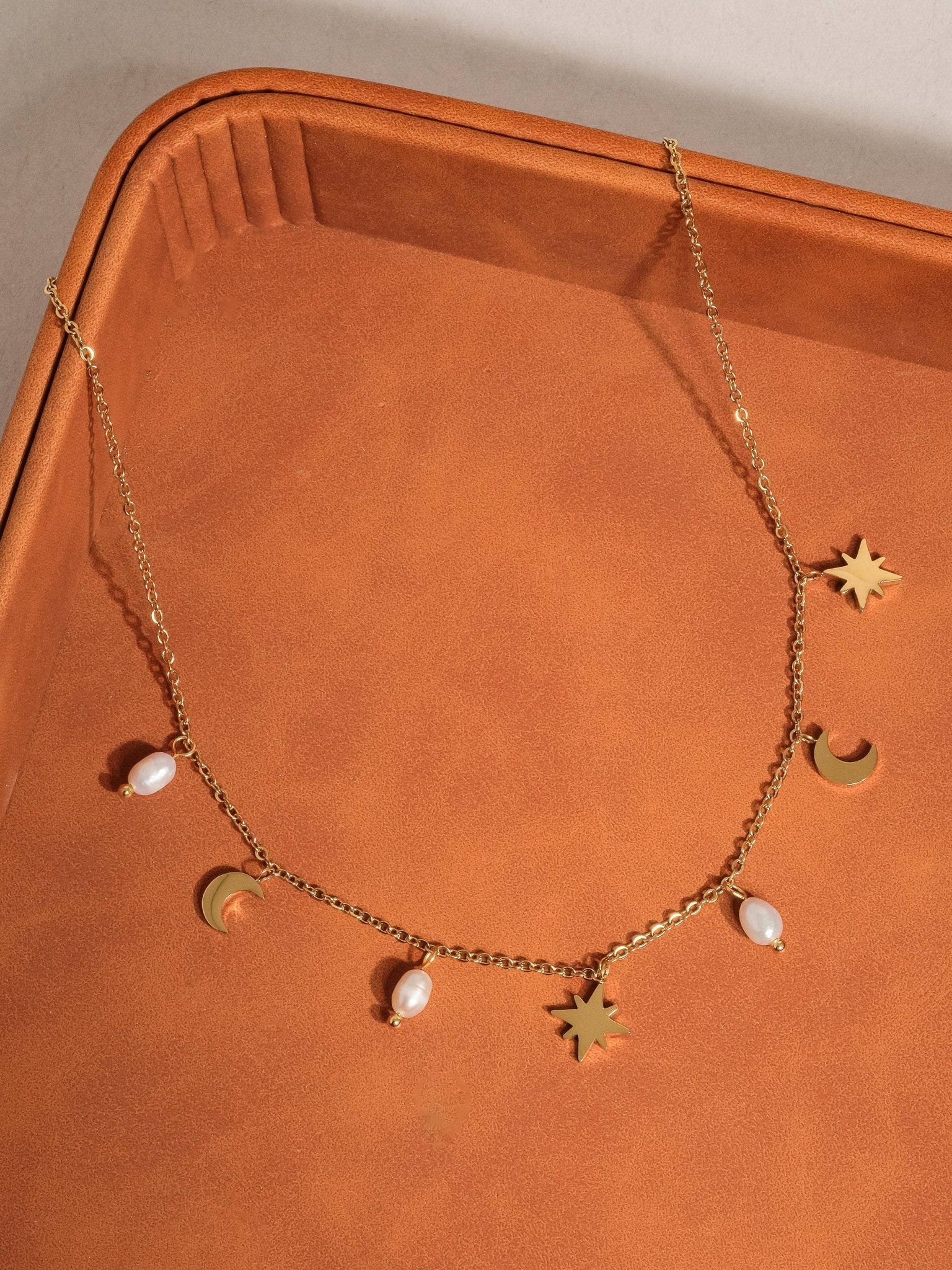 18K Gold Pearl Moon and Star Choker