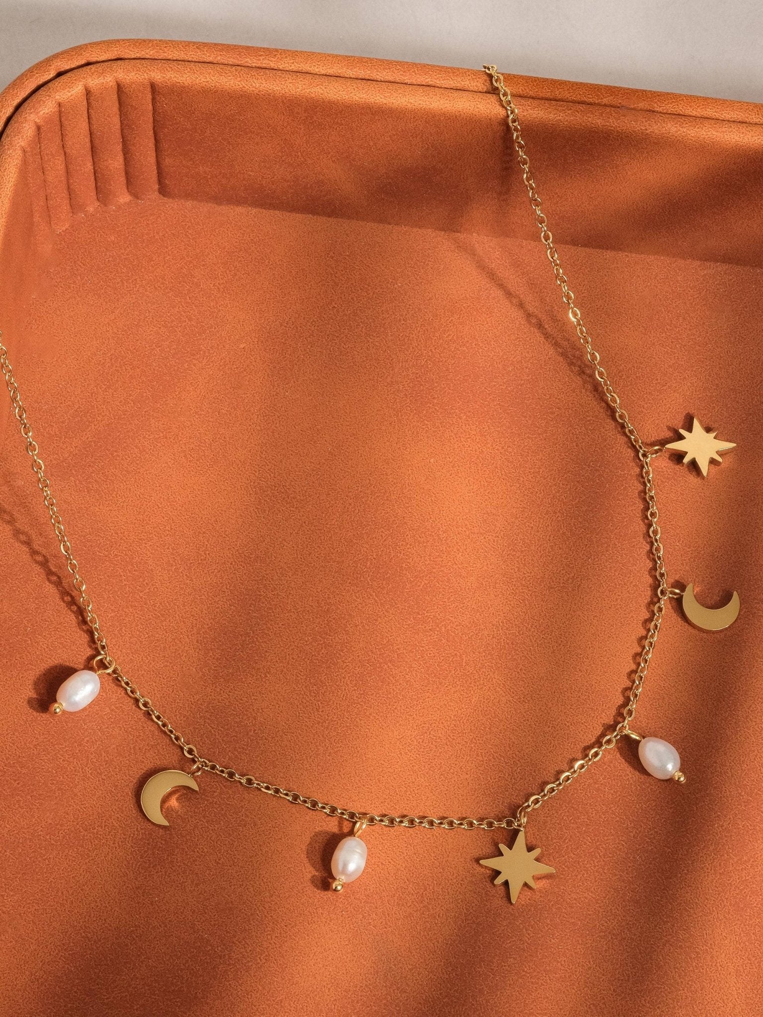 18K Gold Pearl Moon and Star Choker