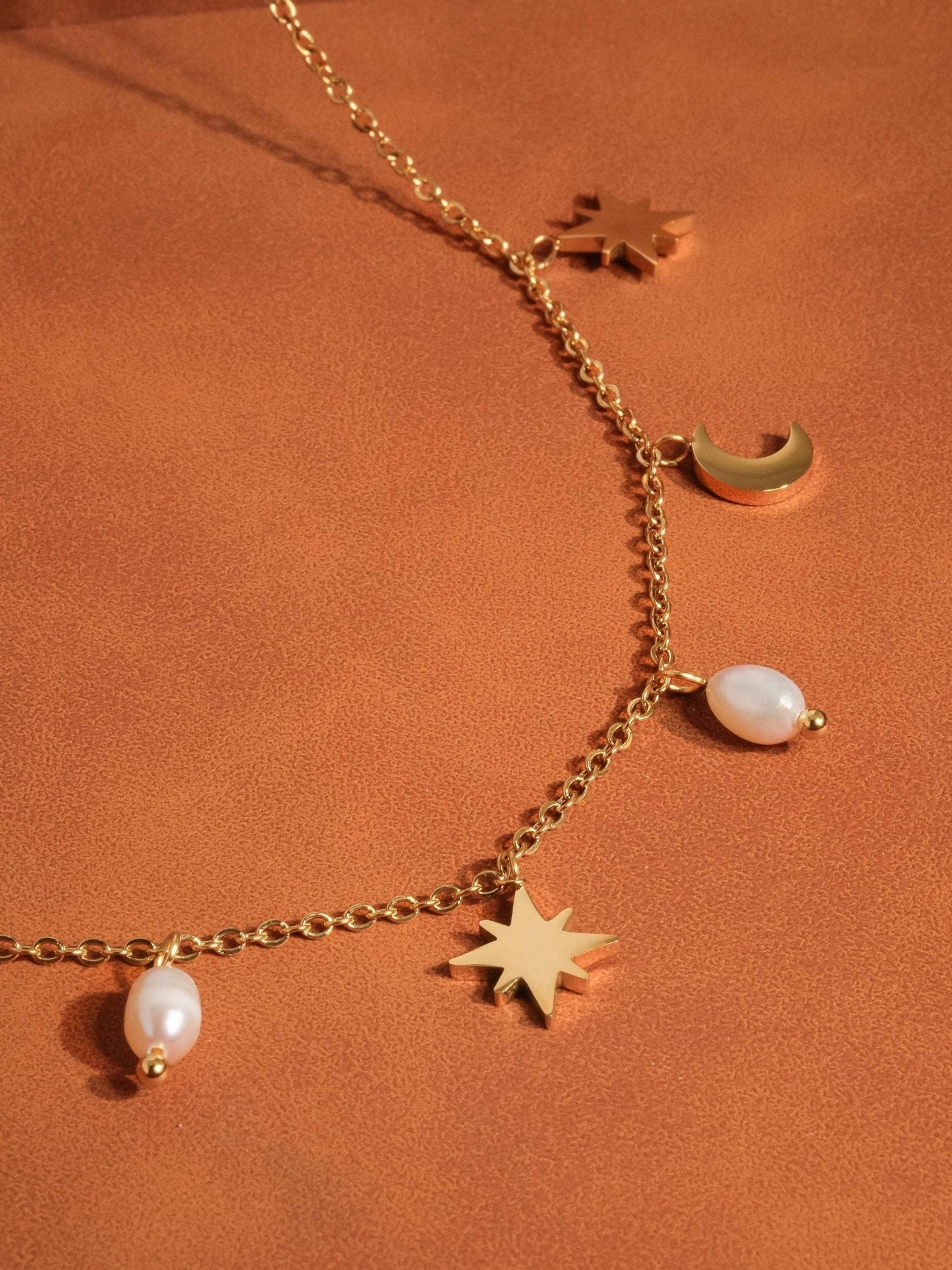 18K Gold Pearl Moon and Star Choker