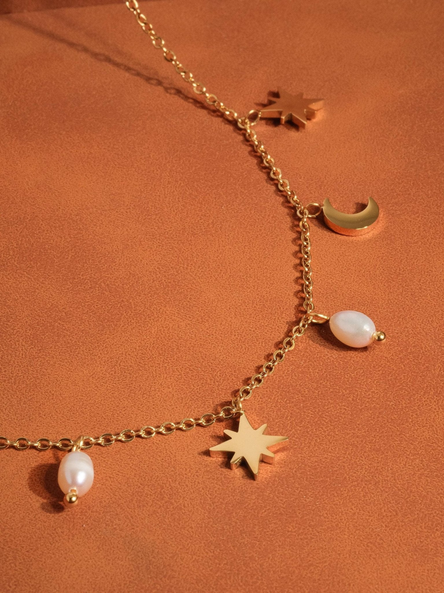 18K Gold Pearl Moon and Star Choker