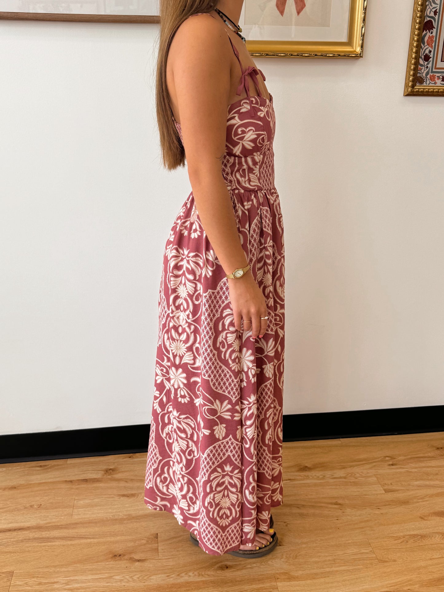 Floral Damask Bow Strap Midi Dress Dress