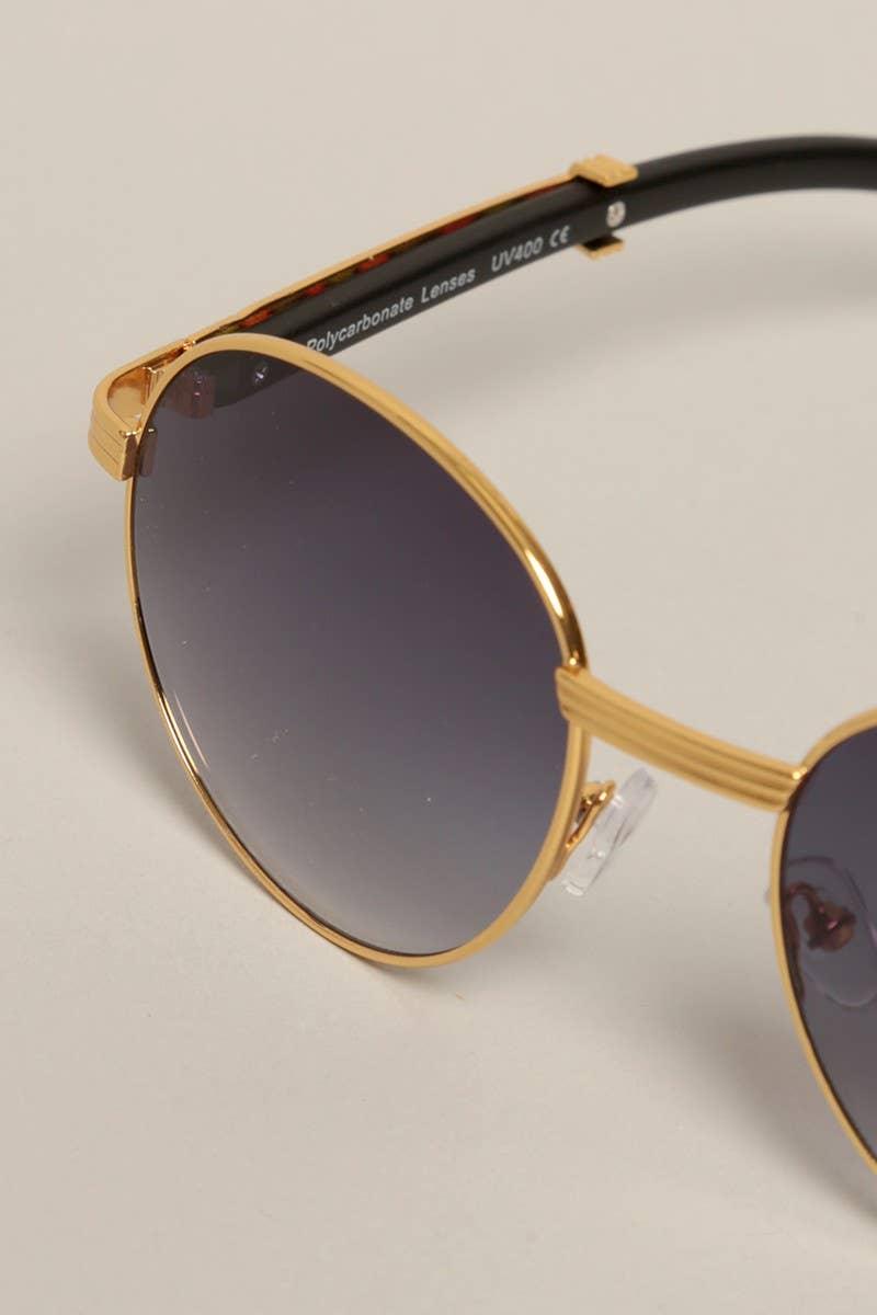 Faux Wood Frame Round Sunglasses