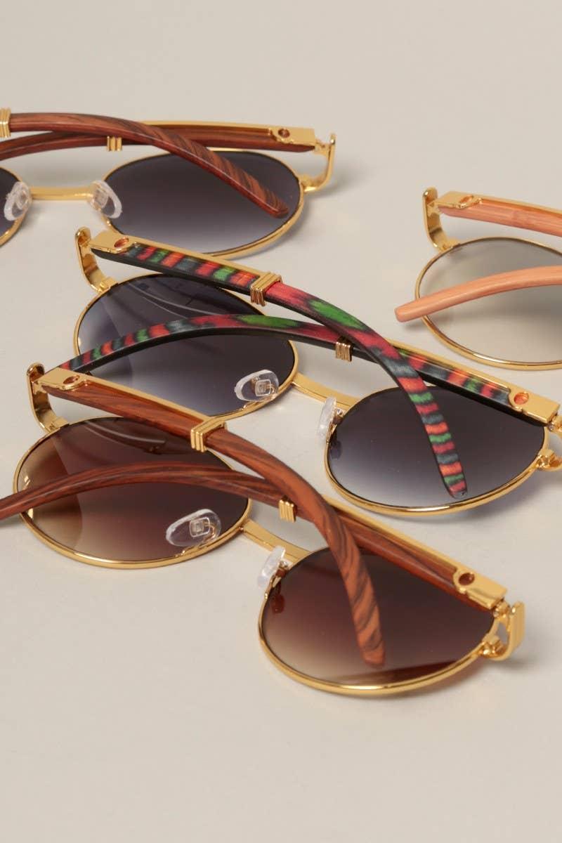Faux Wood Frame Round Sunglasses
