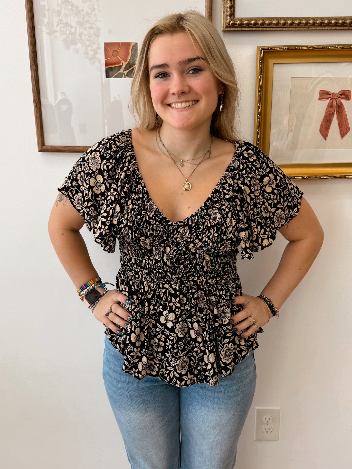 V-Neck Smocked Bodice Top Shirts & Tops