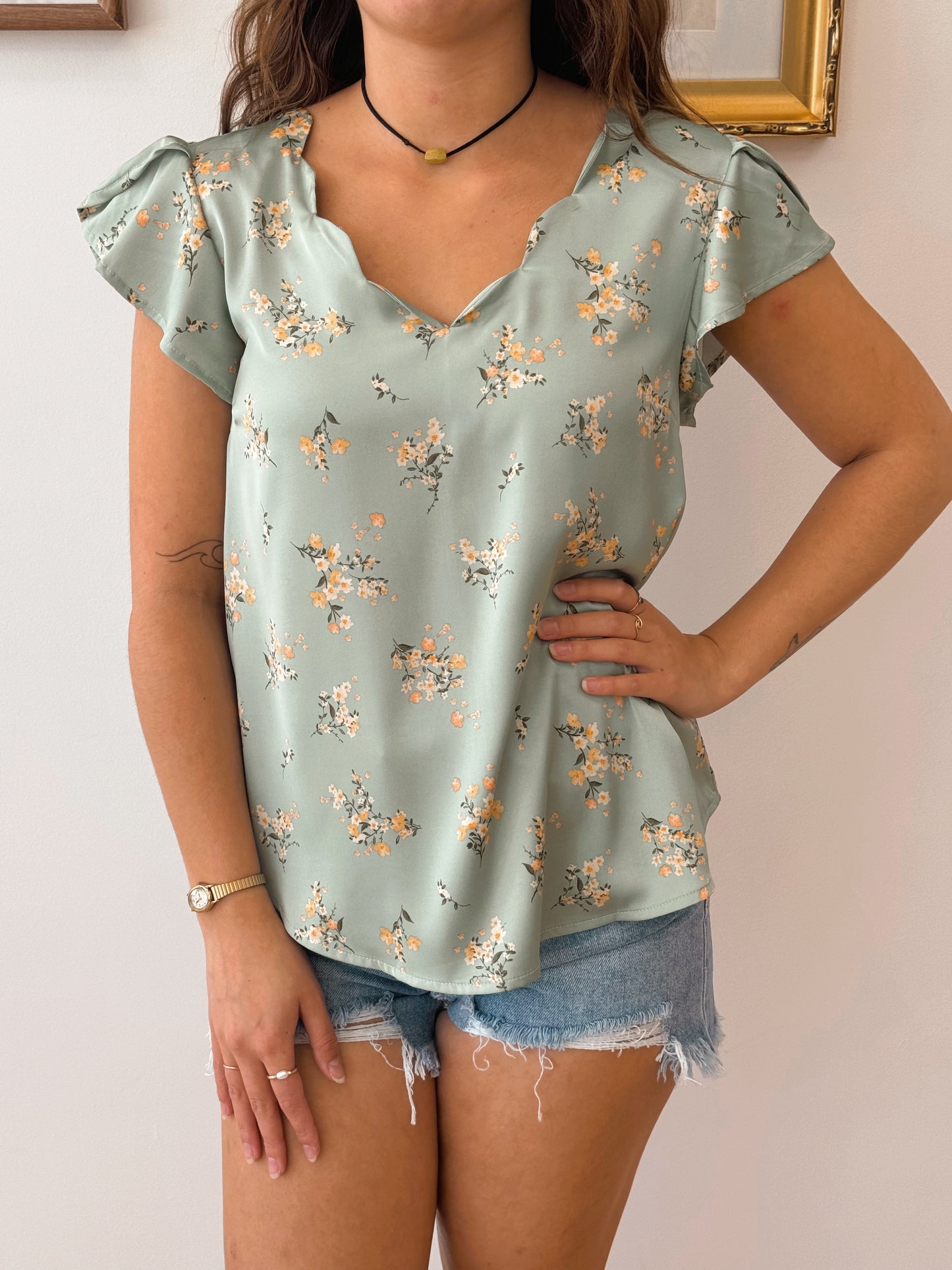 Floral Satin Scallop Neck Blouse Shirts & Tops