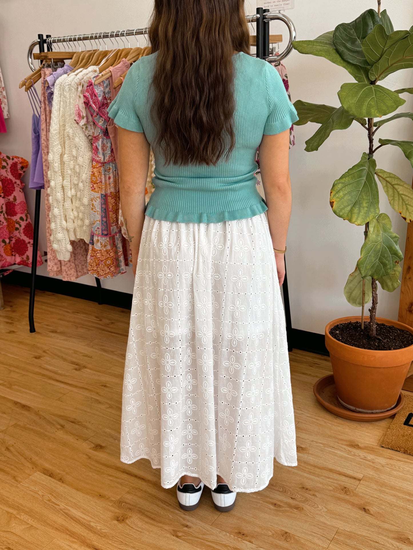 White Eyelet Midi Skirt Bottoms