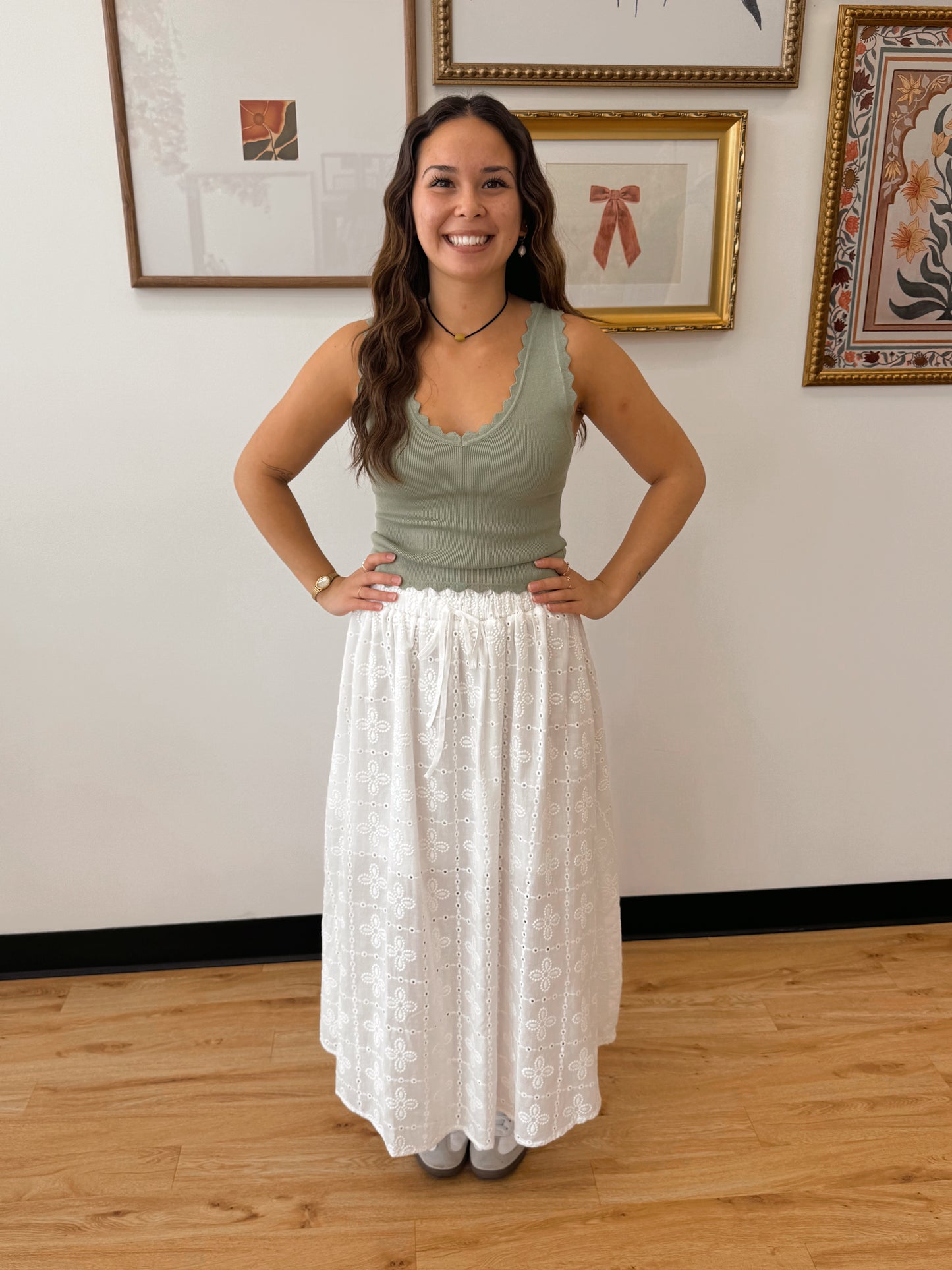 White Eyelet Midi Skirt Bottoms