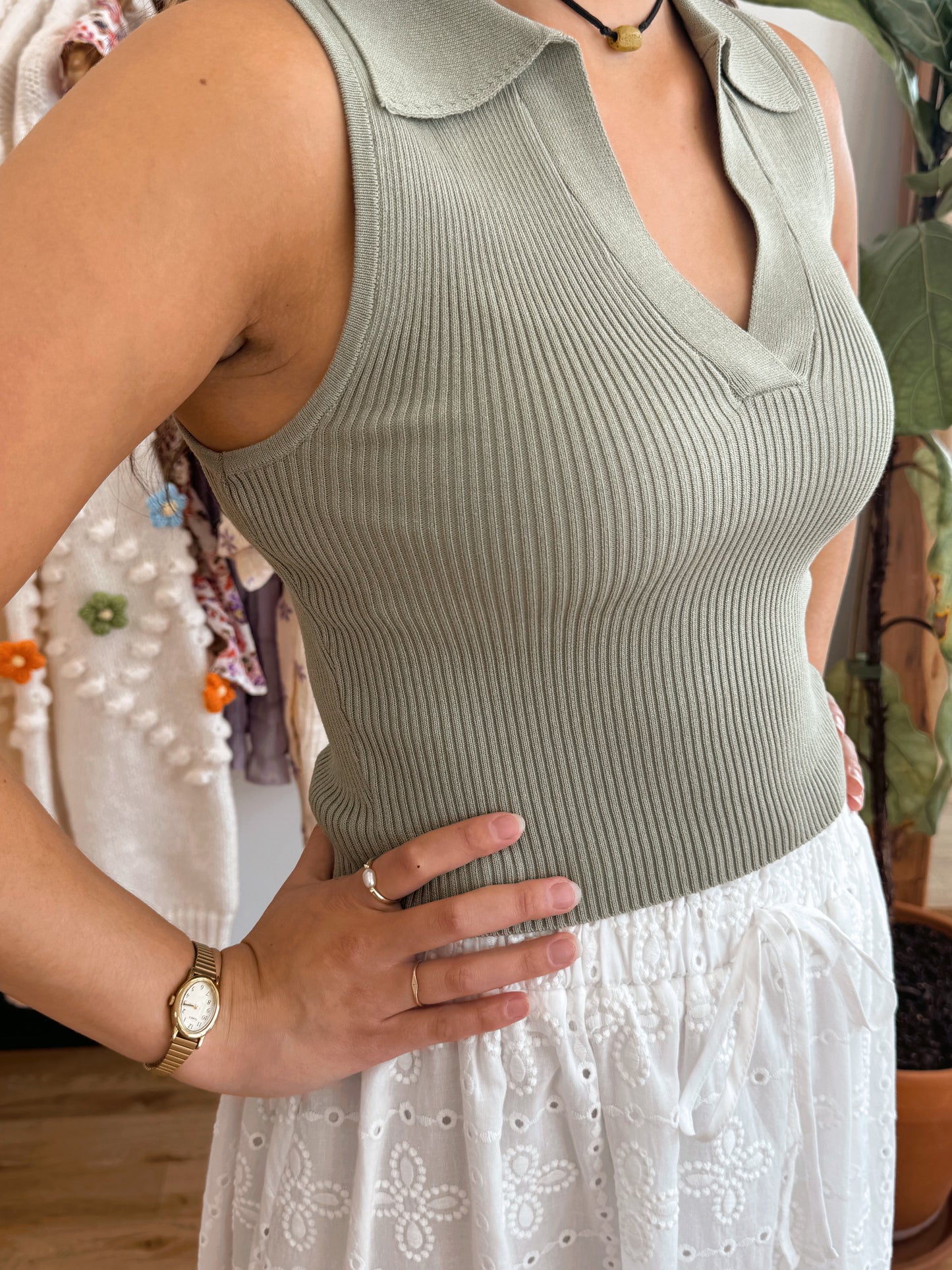 Ribbed Collared Crop Top Shirts & Tops