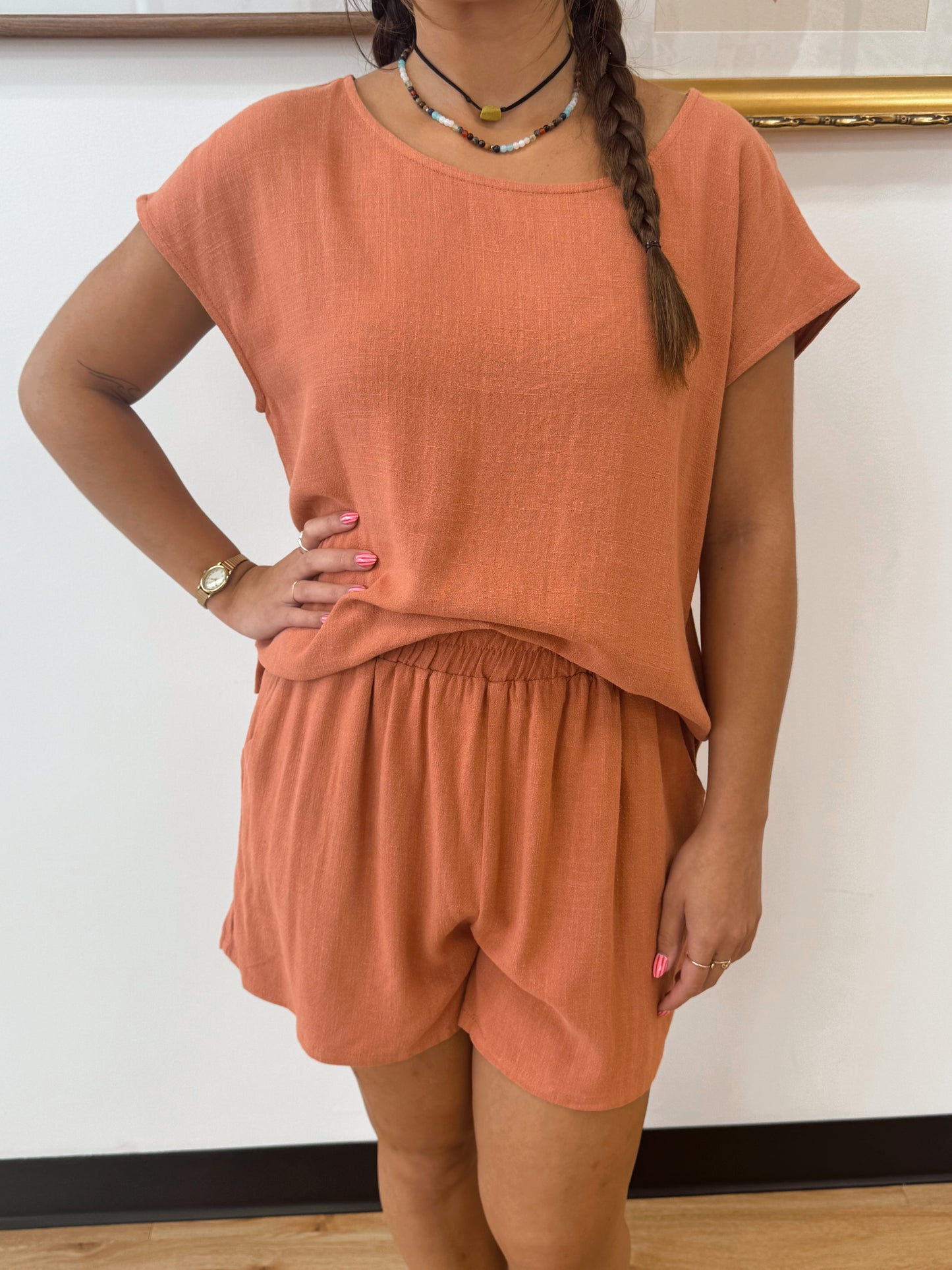 Terracotta Linen Boxy Top Shirts & Tops