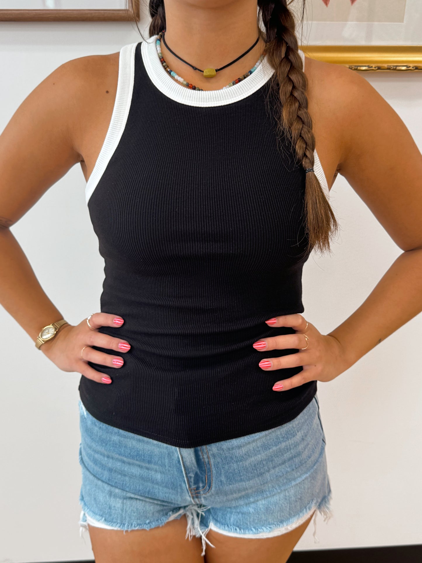 Contrast Trim Racer Tank Top Shirts & Tops