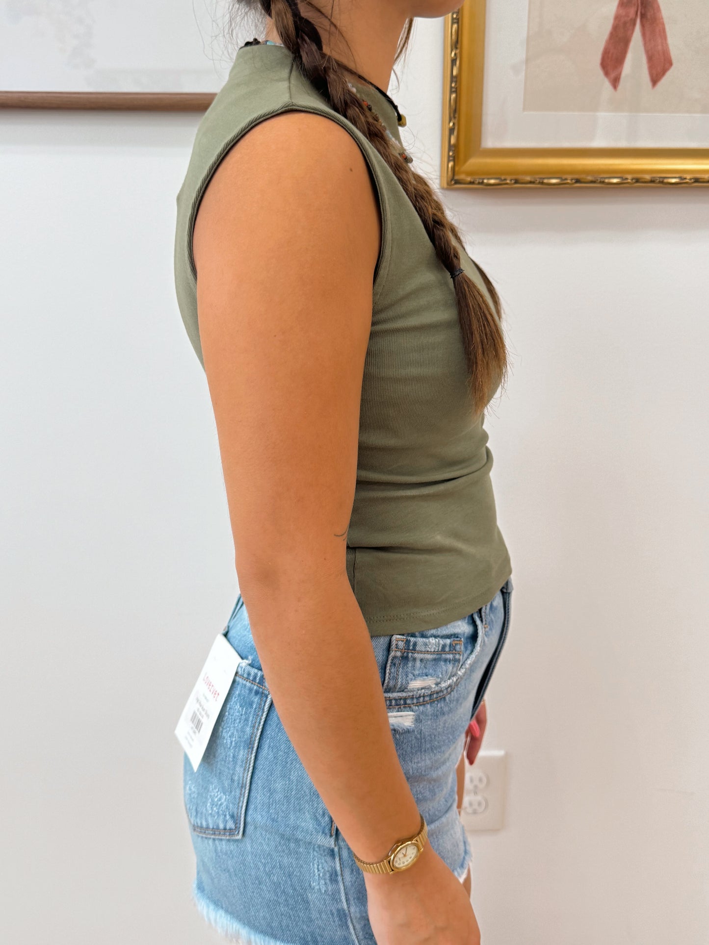 Olive Mock Neck Cropped Tank Shirts & Tops