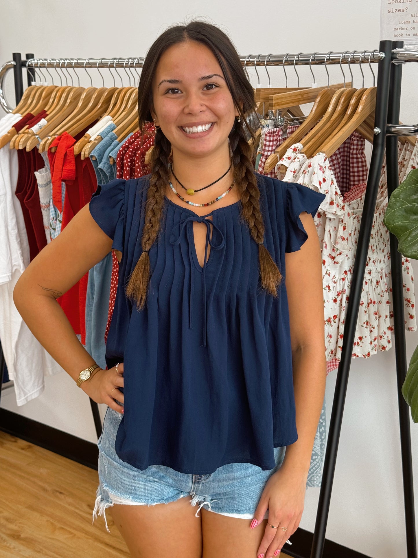 Navy Pleated Blouse Shirts & Tops