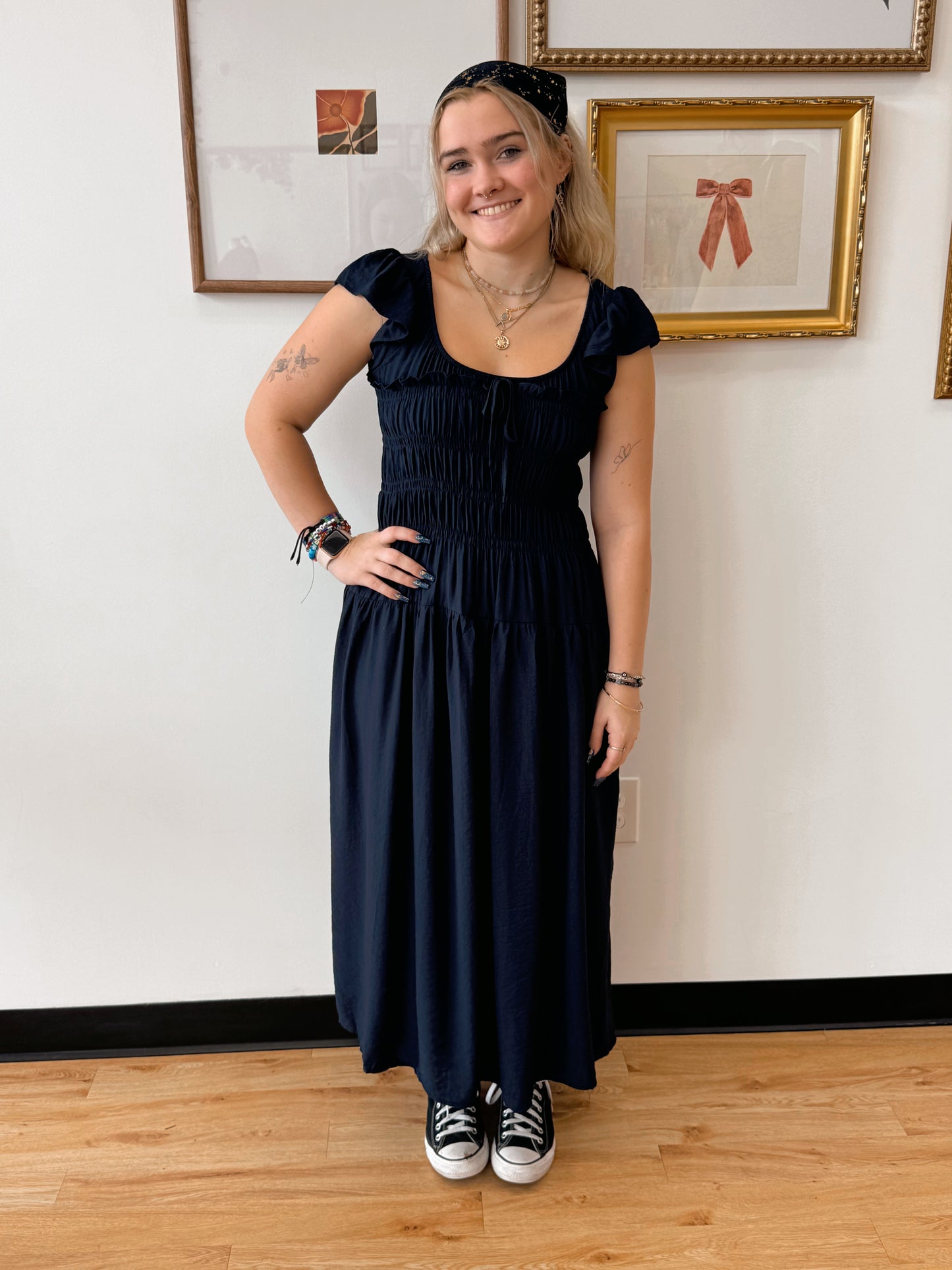 Navy Shirred Midi Dress Dress
