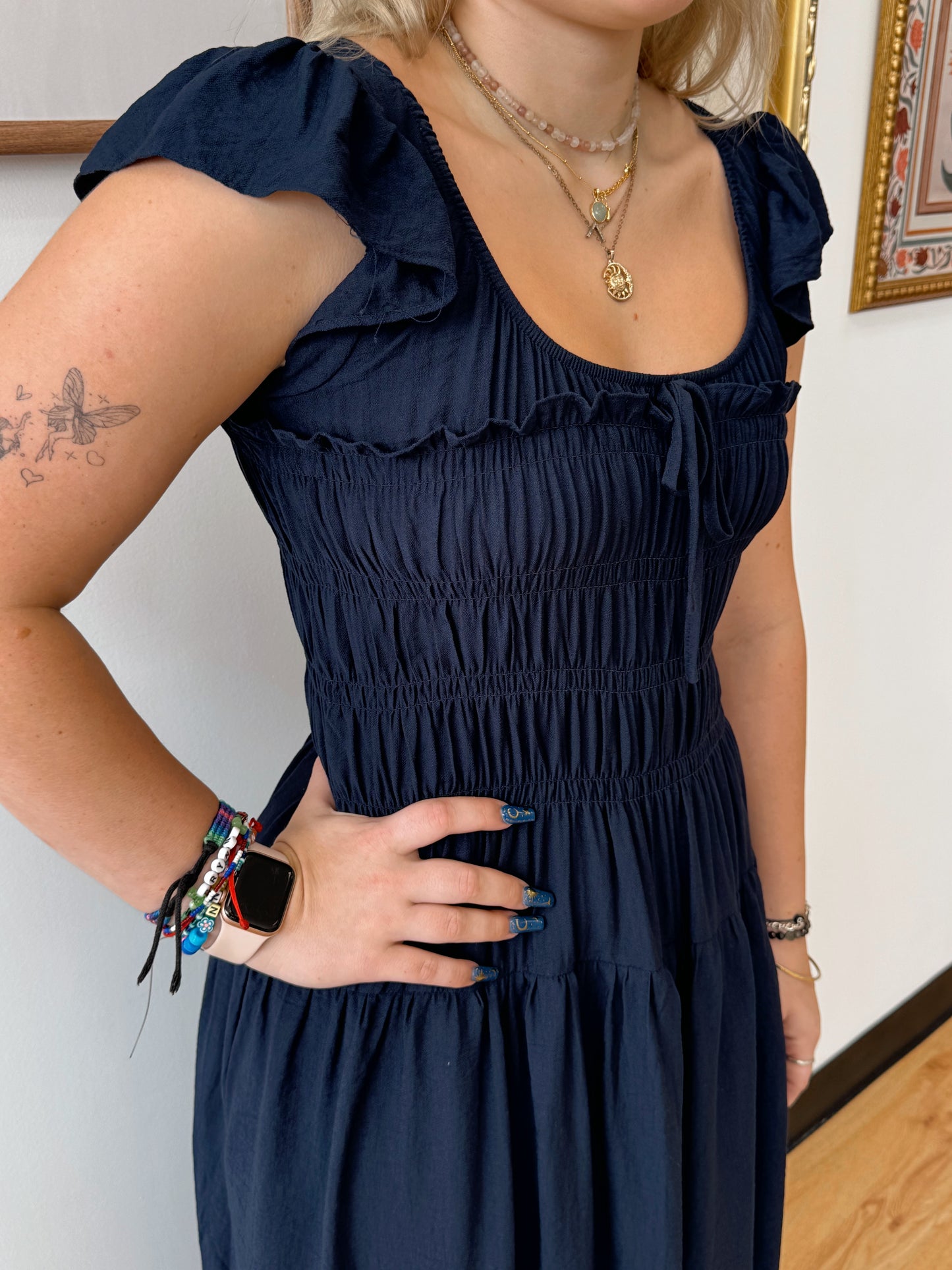 Navy Shirred Midi Dress Dress