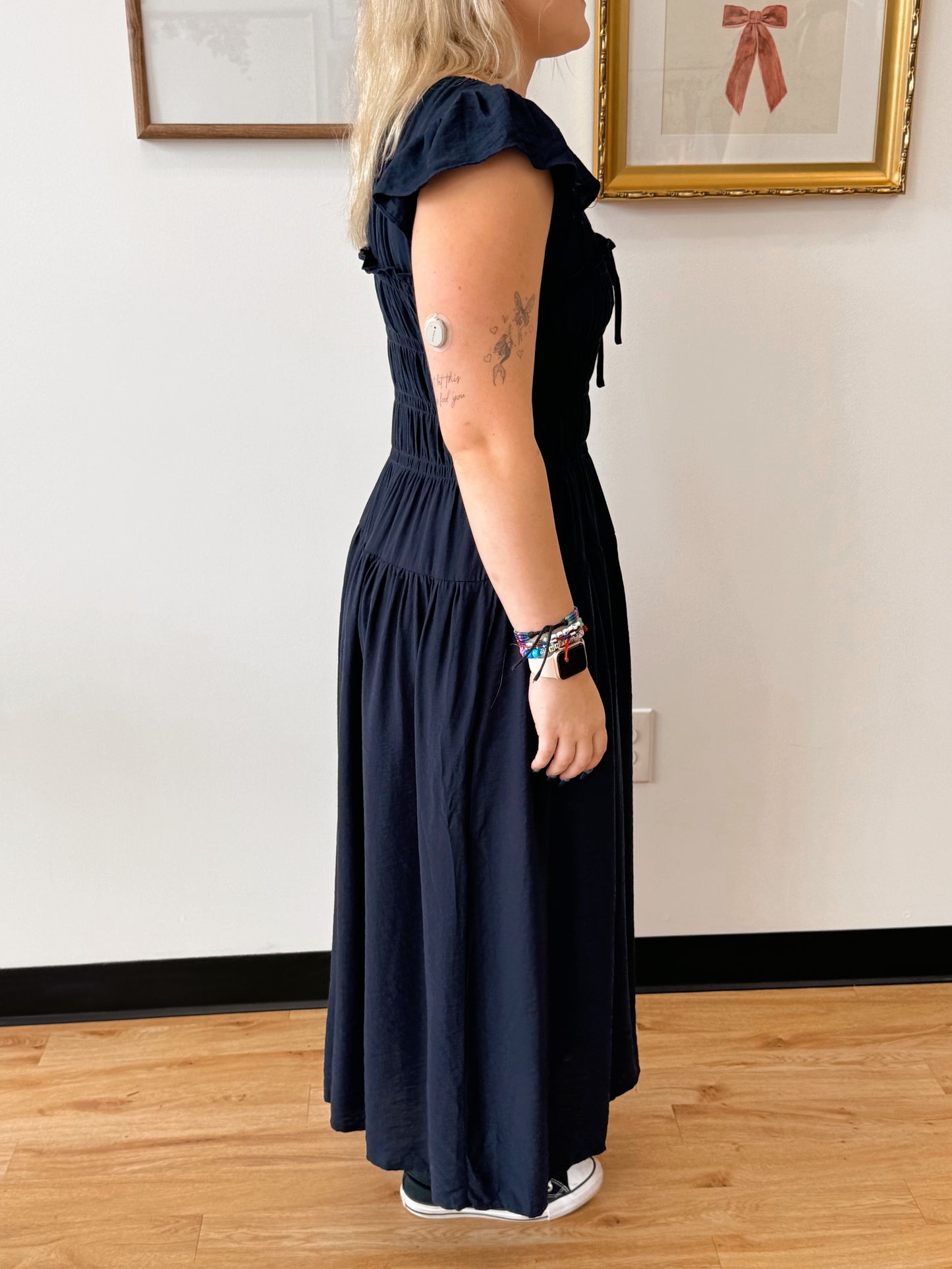 Navy Shirred Midi Dress Dress