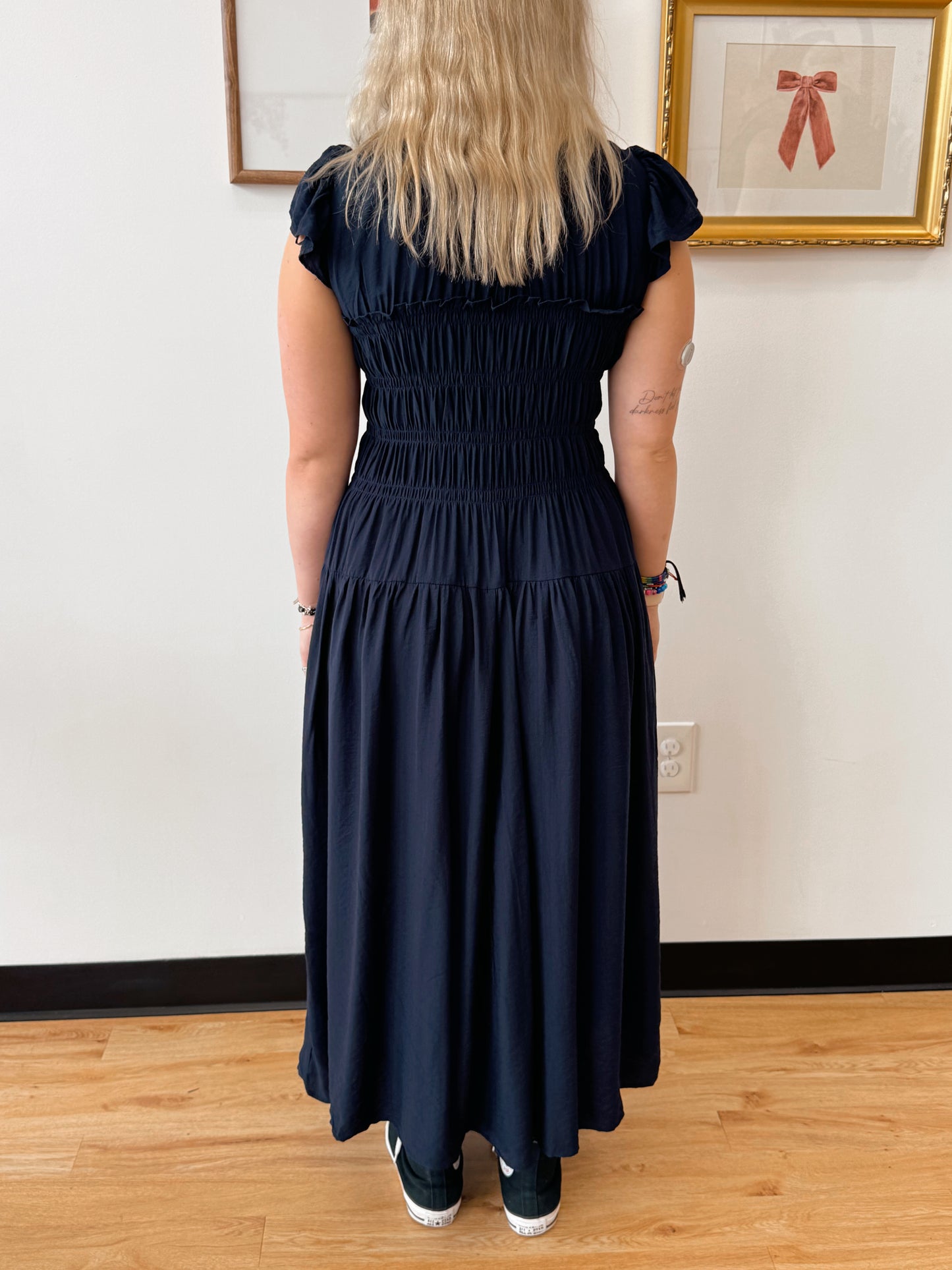 Navy Shirred Midi Dress Dress