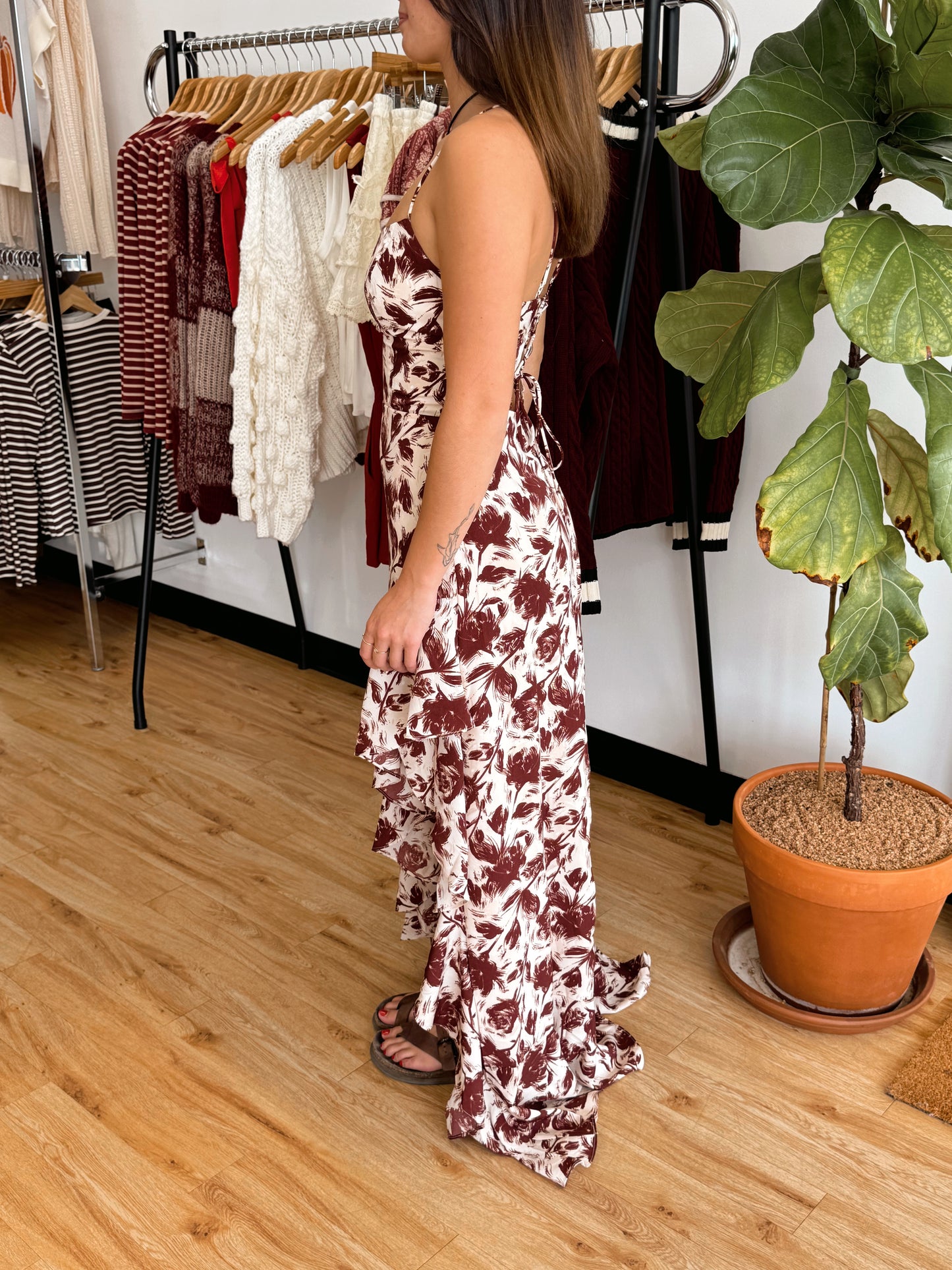 Lace Up Floral Maxi Dress