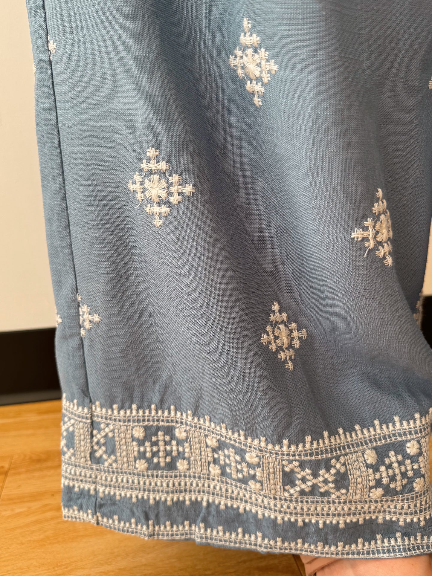 Embroidered Linen Blue Pants Bottoms