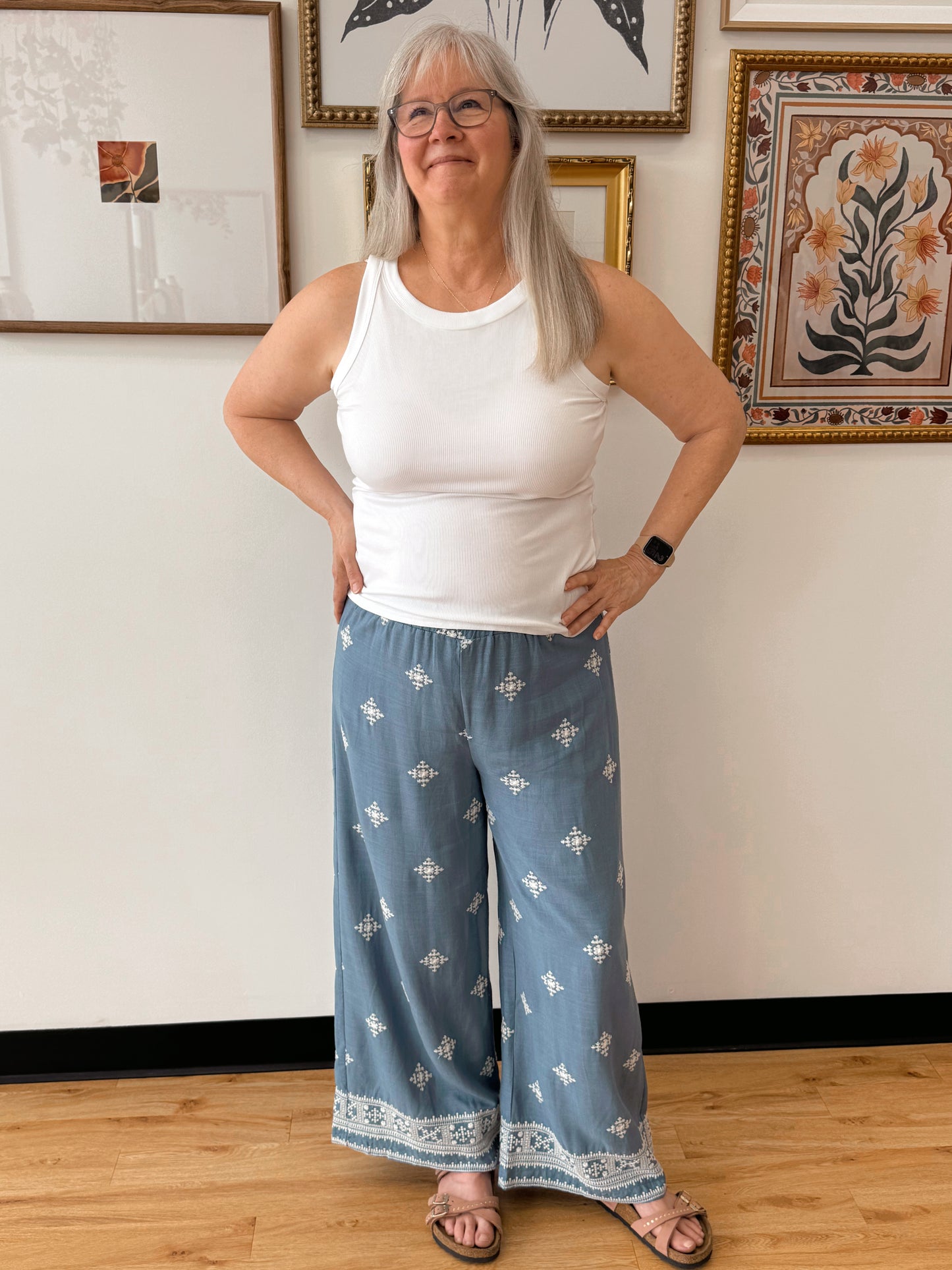 Embroidered Linen Blue Pants Bottoms
