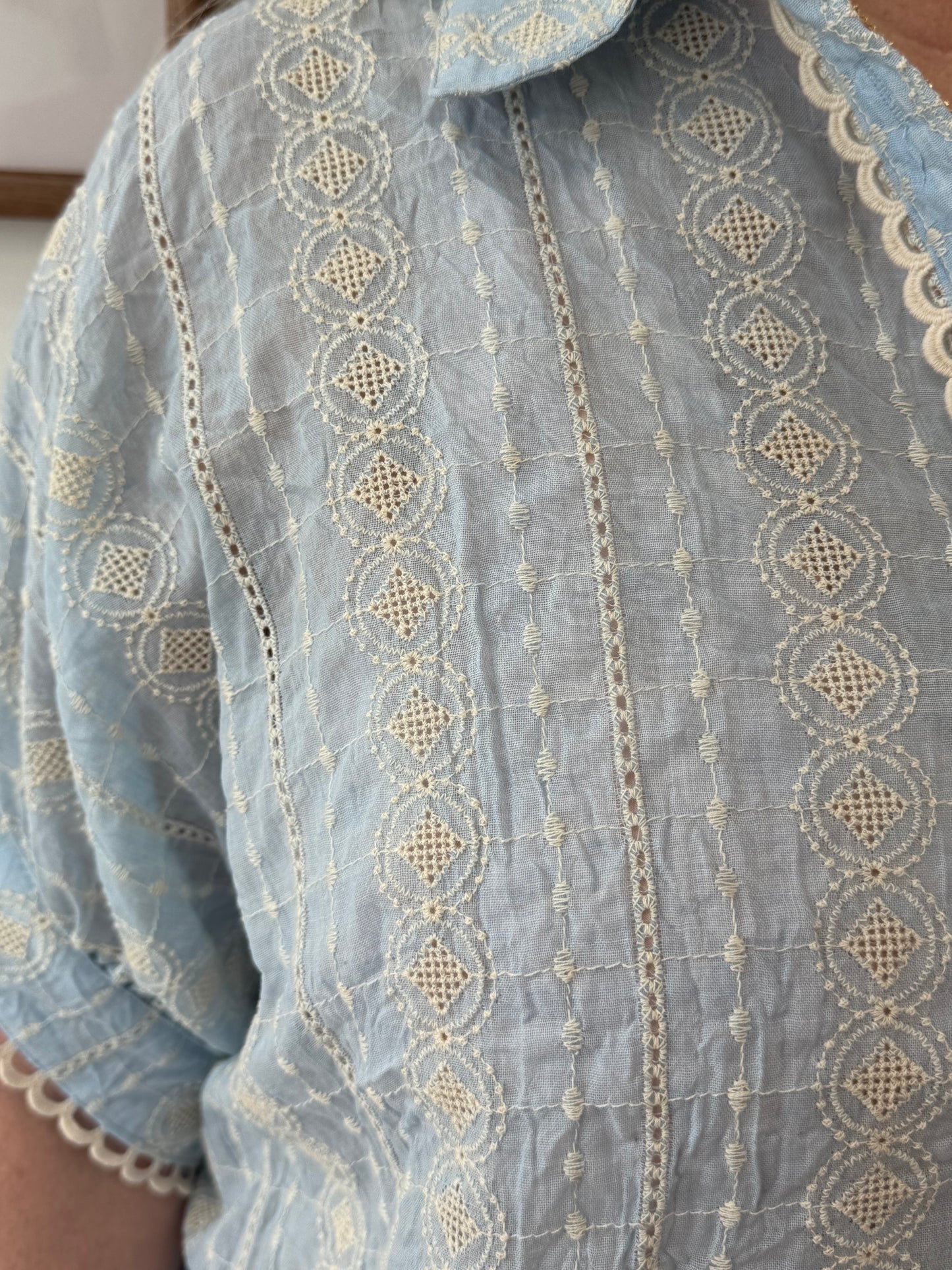 Blue Embroidered Button Up Top Shirts & Tops