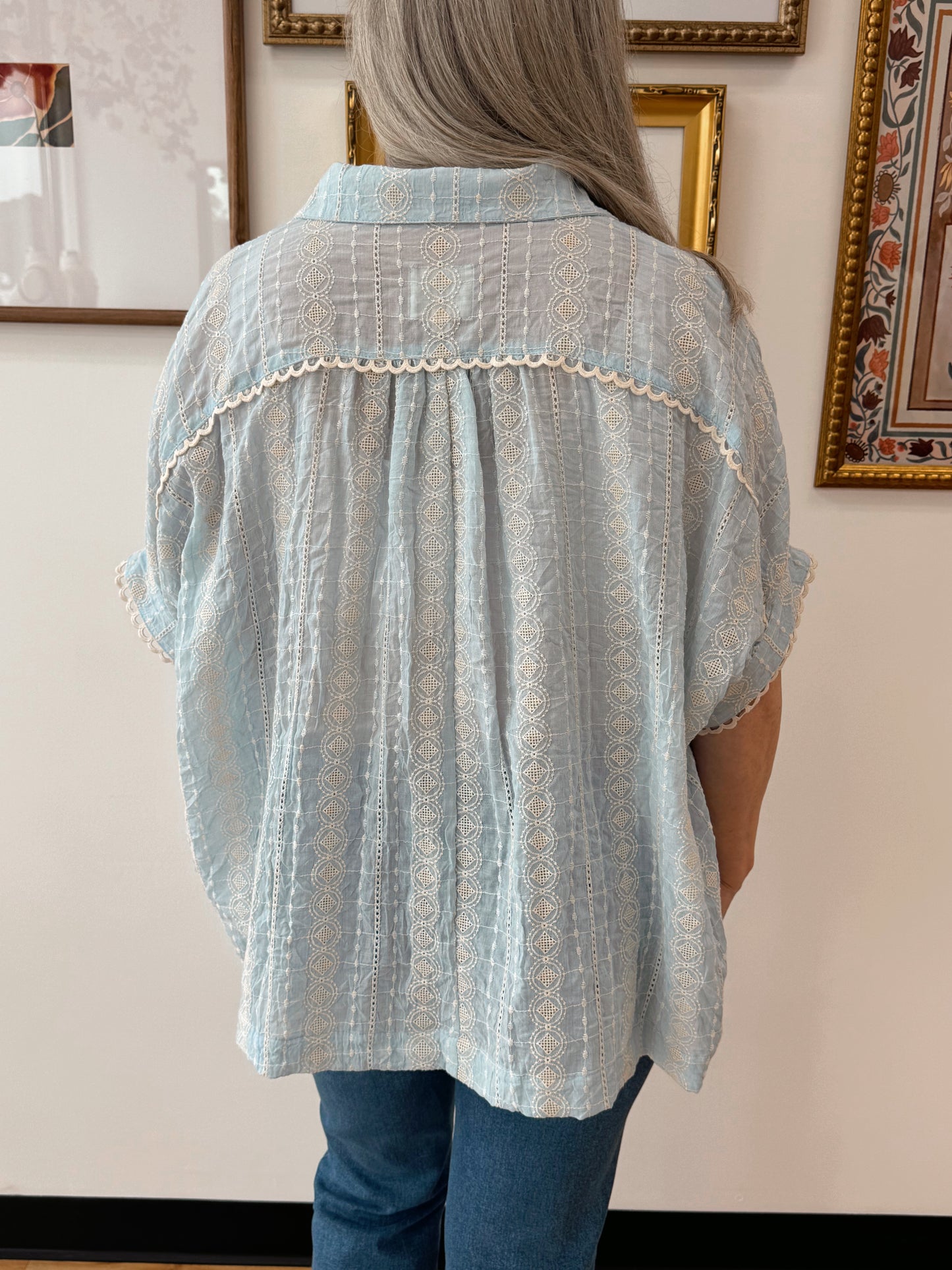Blue Embroidered Button Up Top Shirts & Tops