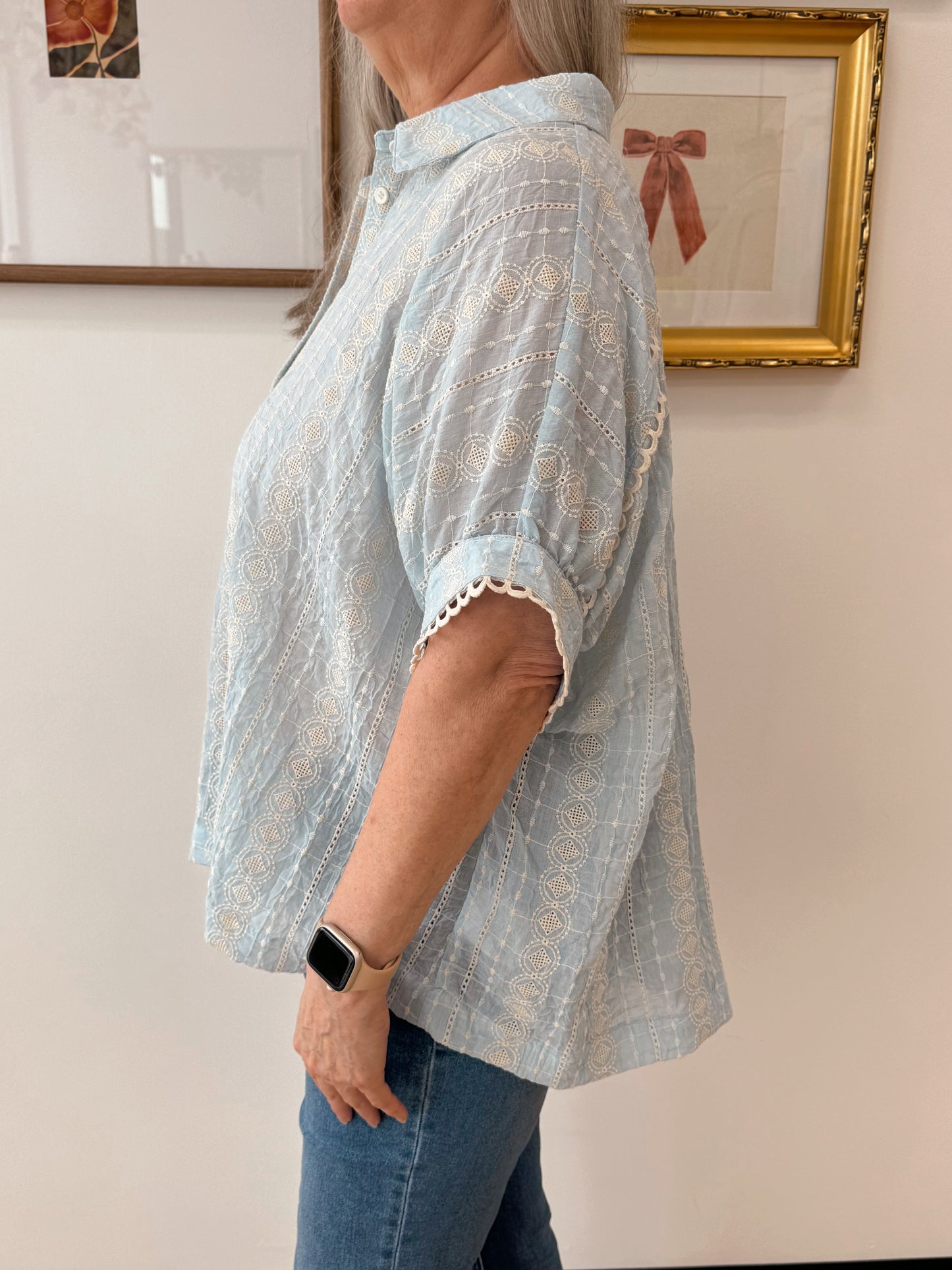 Blue Embroidered Button Up Top Shirts & Tops