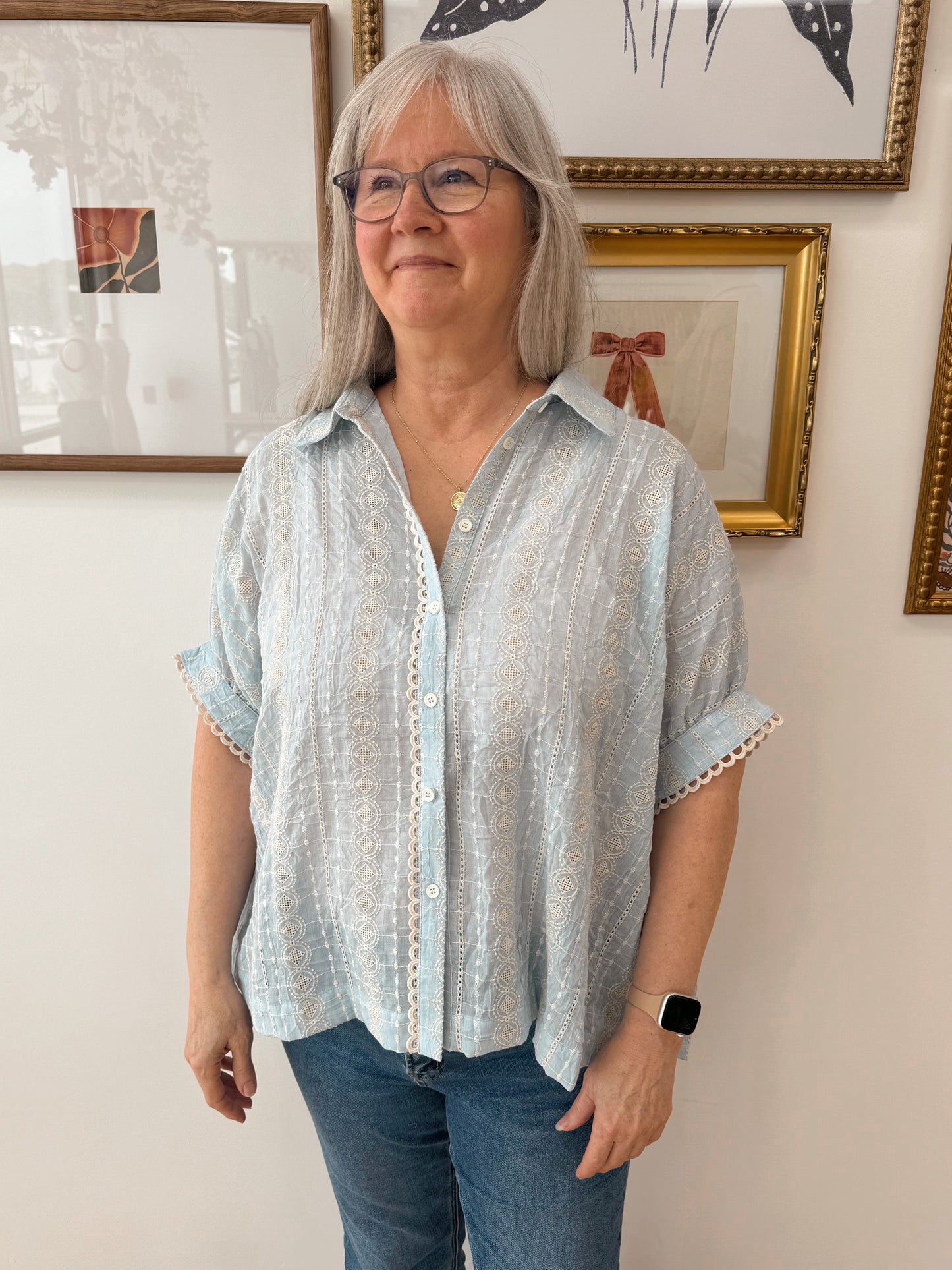 Blue Embroidered Button Up Top Shirts & Tops