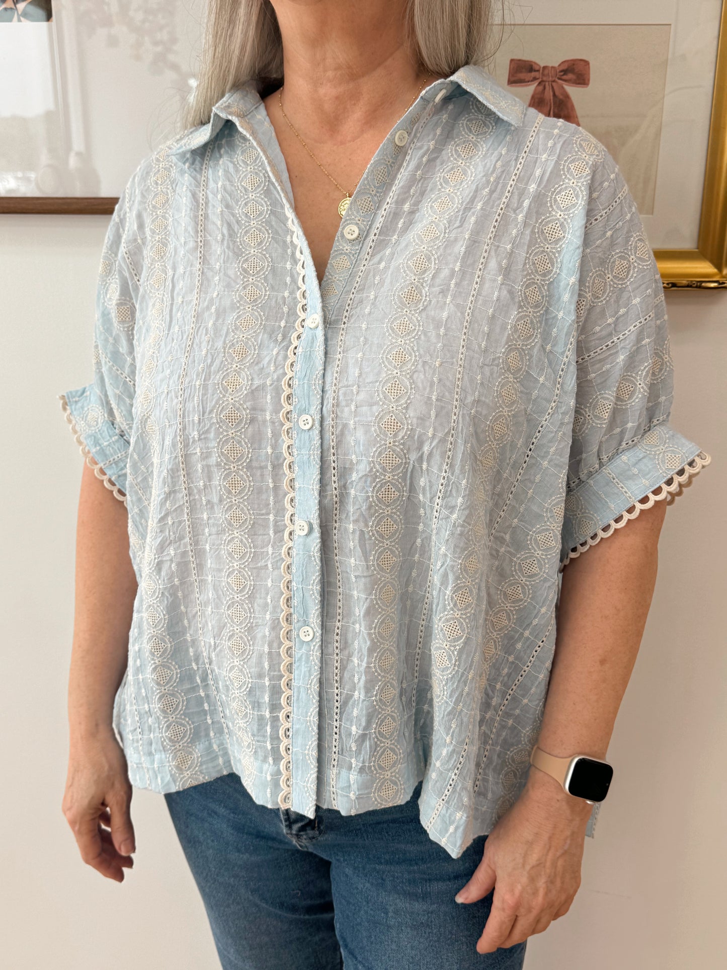 Blue Embroidered Button Up Top Shirts & Tops