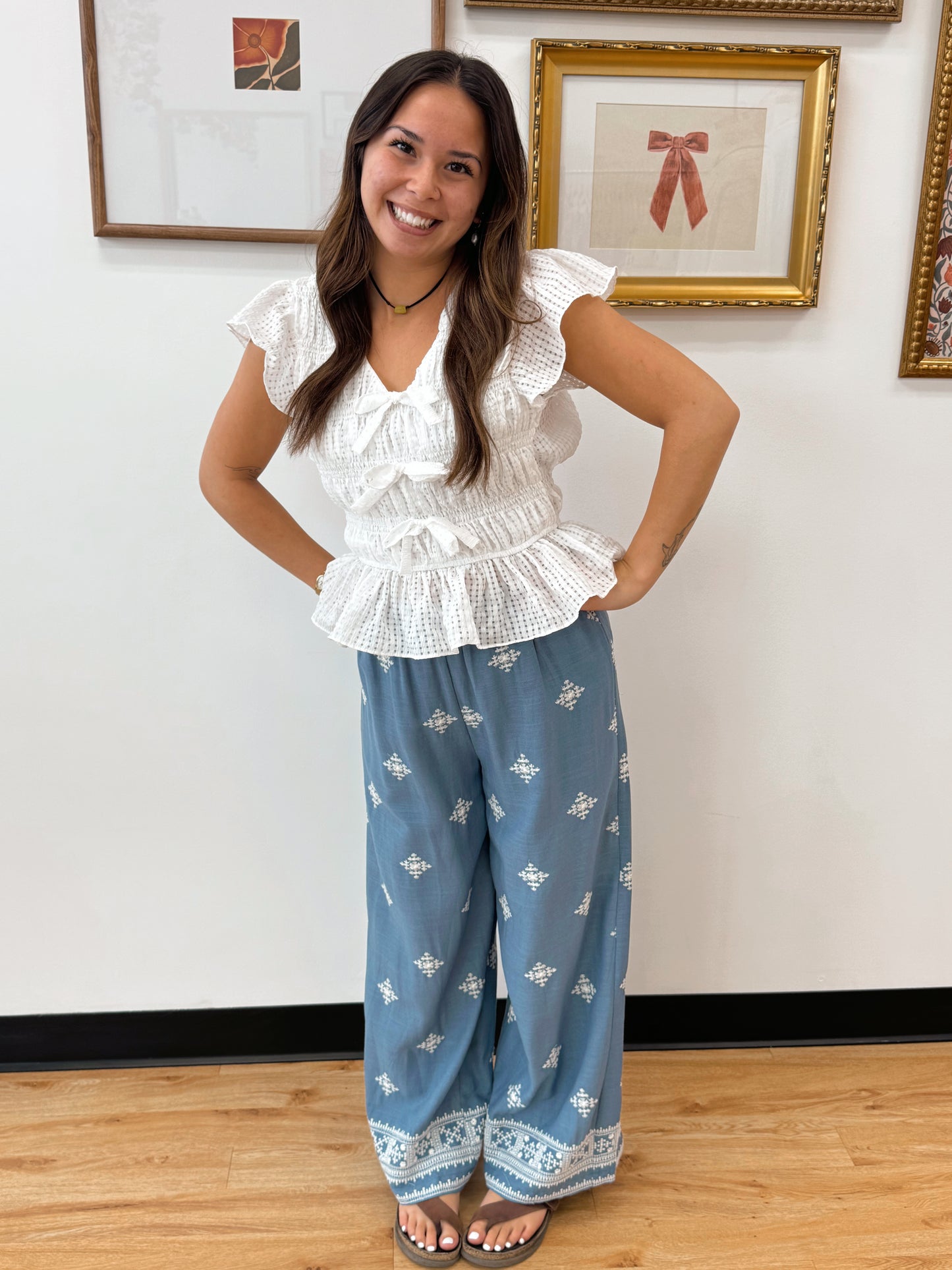 Embroidered Linen Blue Pants Bottoms