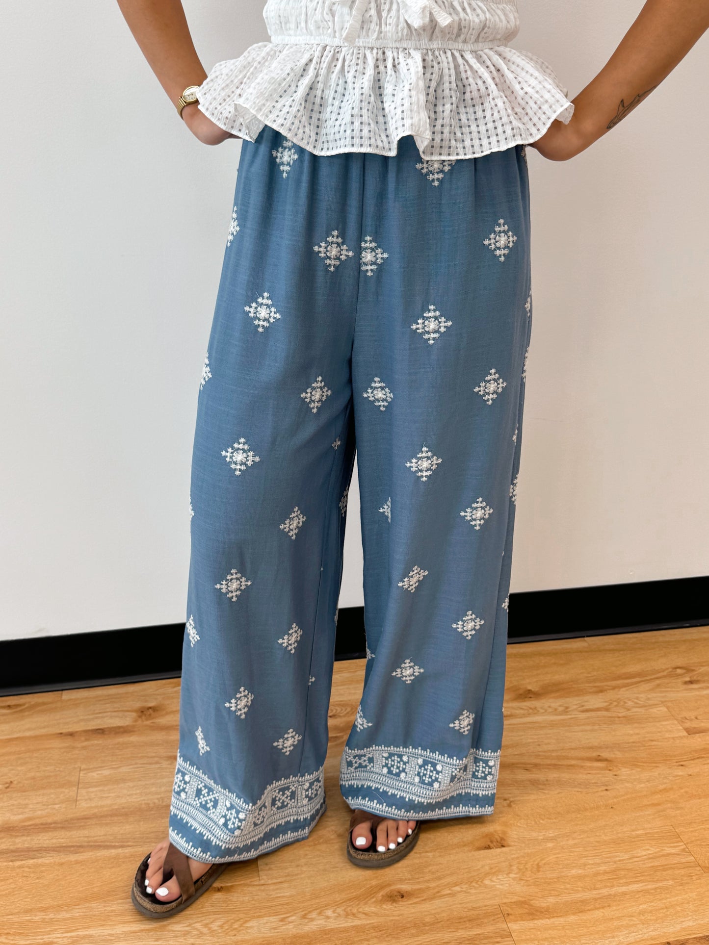 Embroidered Linen Blue Pants Bottoms