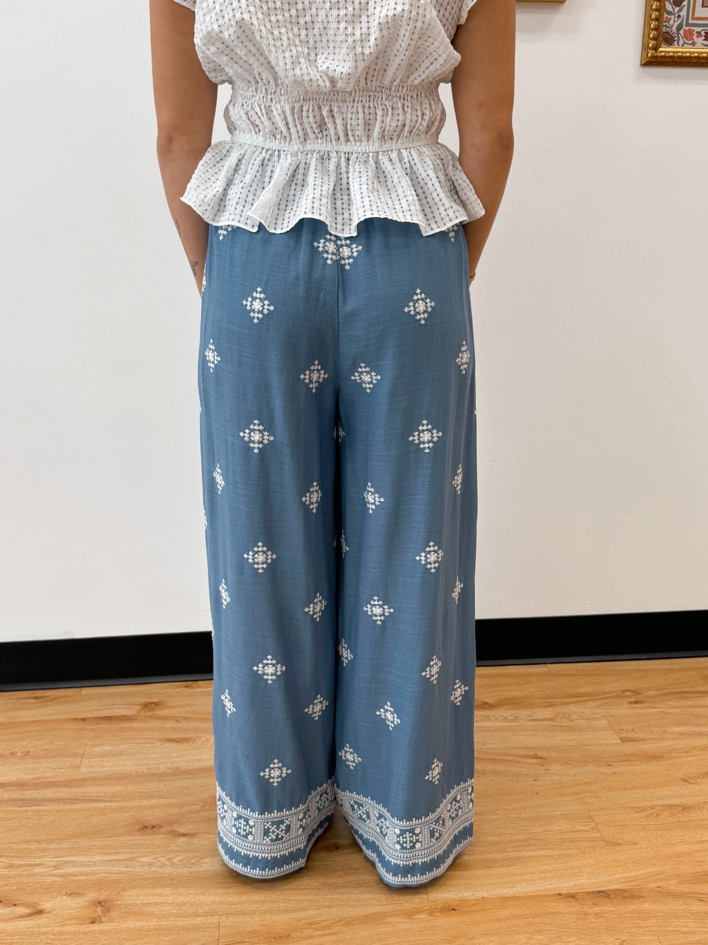 Embroidered Linen Blue Pants Bottoms