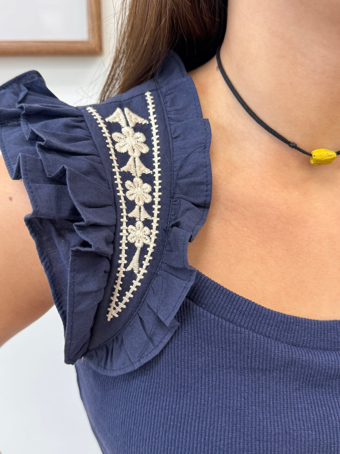 Navy Embroidered Detail Tank Top Shirts & Tops