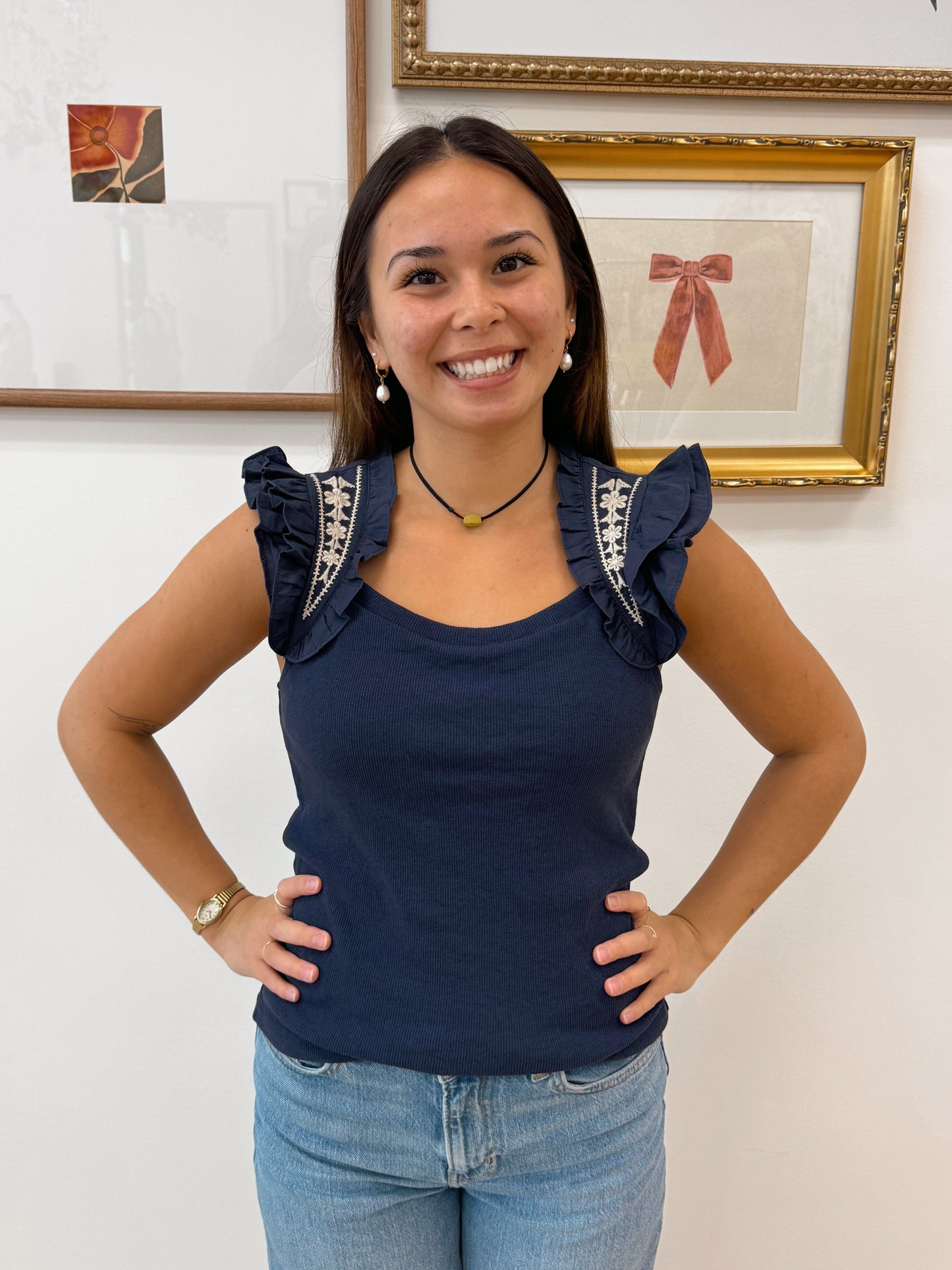 Navy Embroidered Detail Tank Top Shirts & Tops