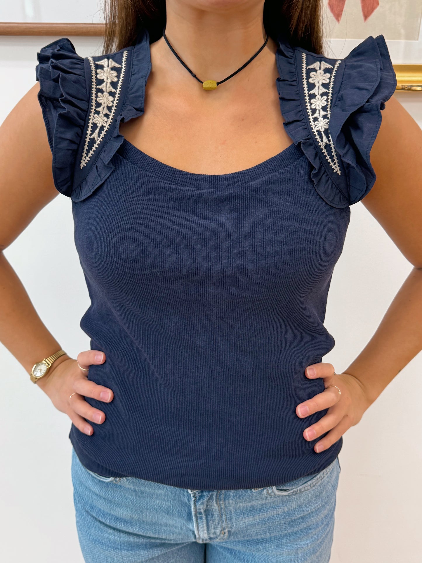 Navy Embroidered Detail Tank Top Shirts & Tops