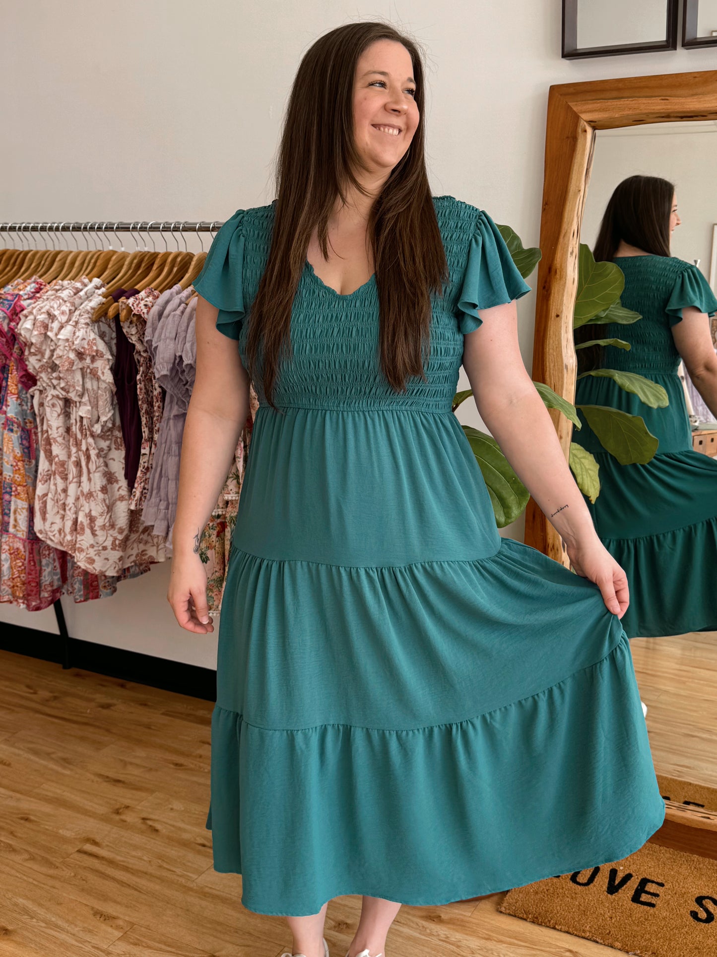 Teal Smocked Tiered Dress Dress