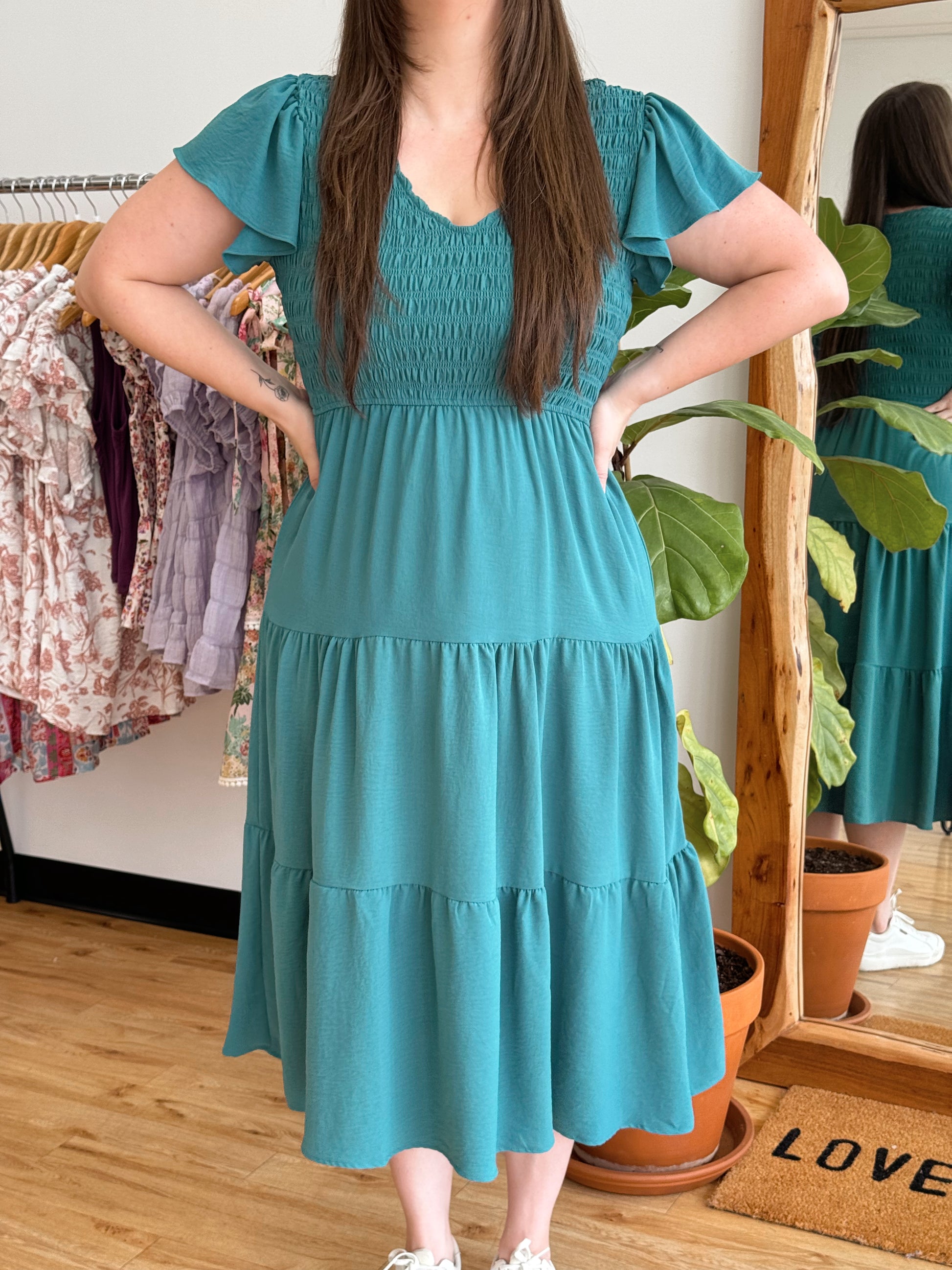 Teal Smocked Tiered Dress Dress