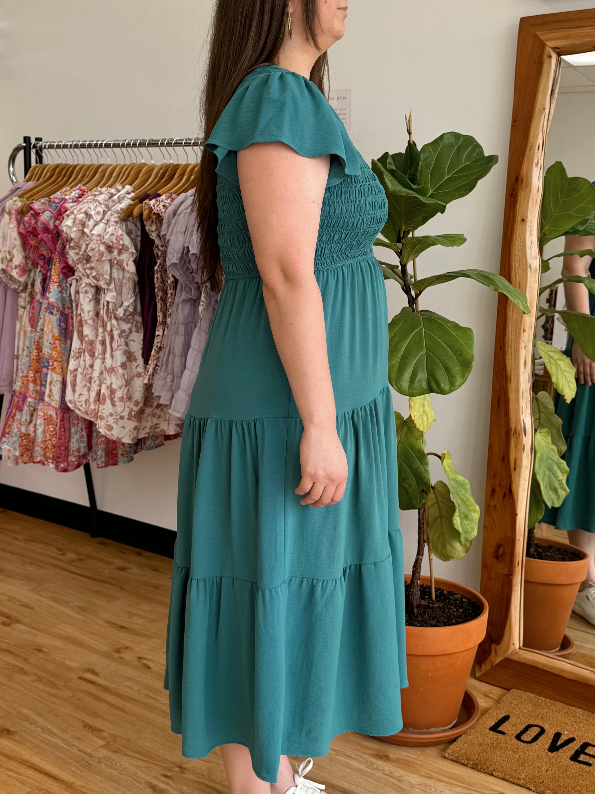 Teal Smocked Tiered Dress Dress