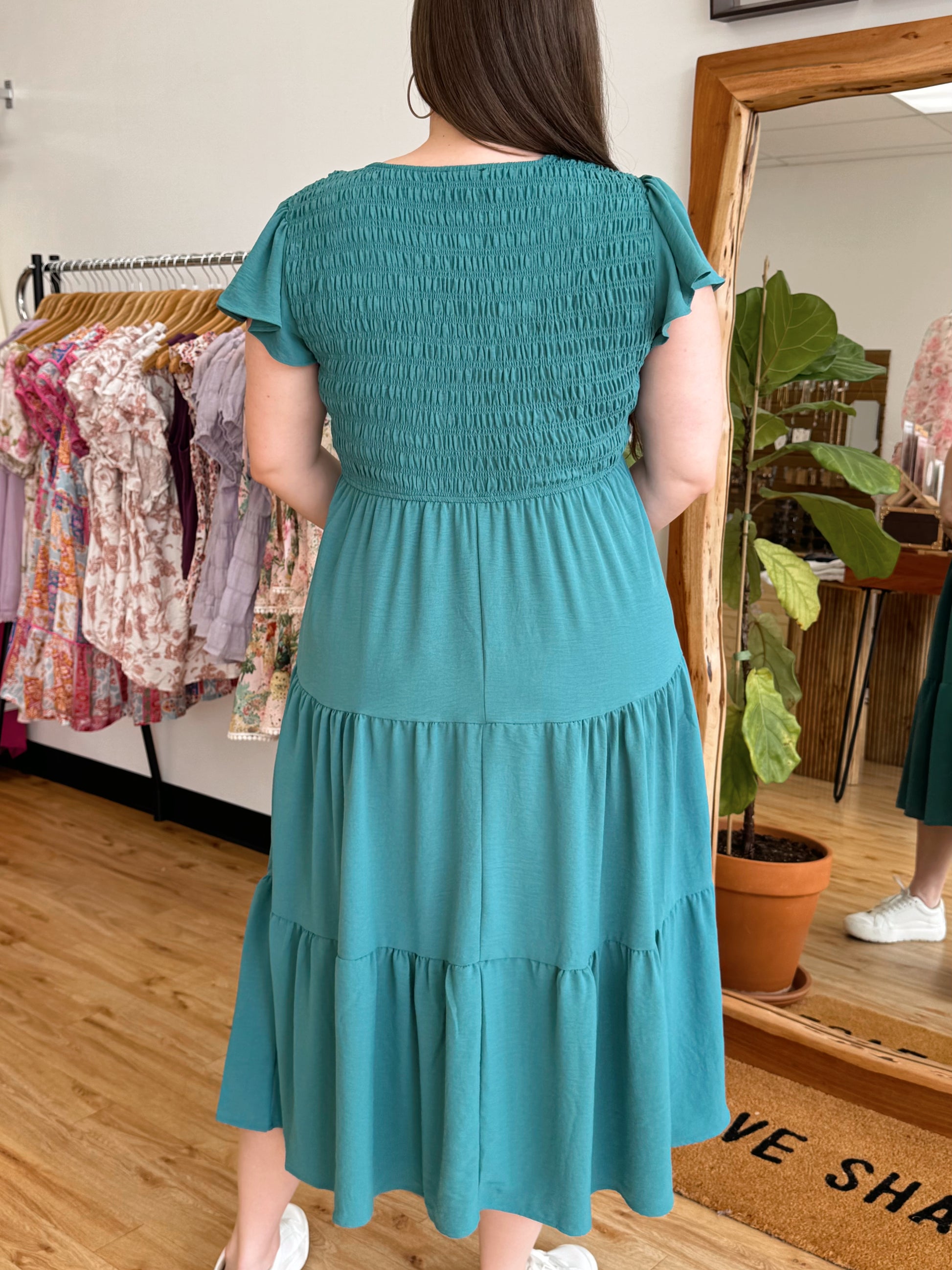 Teal Smocked Tiered Dress Dress