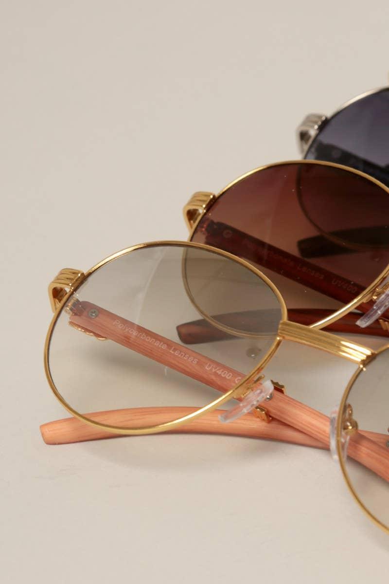 Faux Wood Frame Round Sunglasses