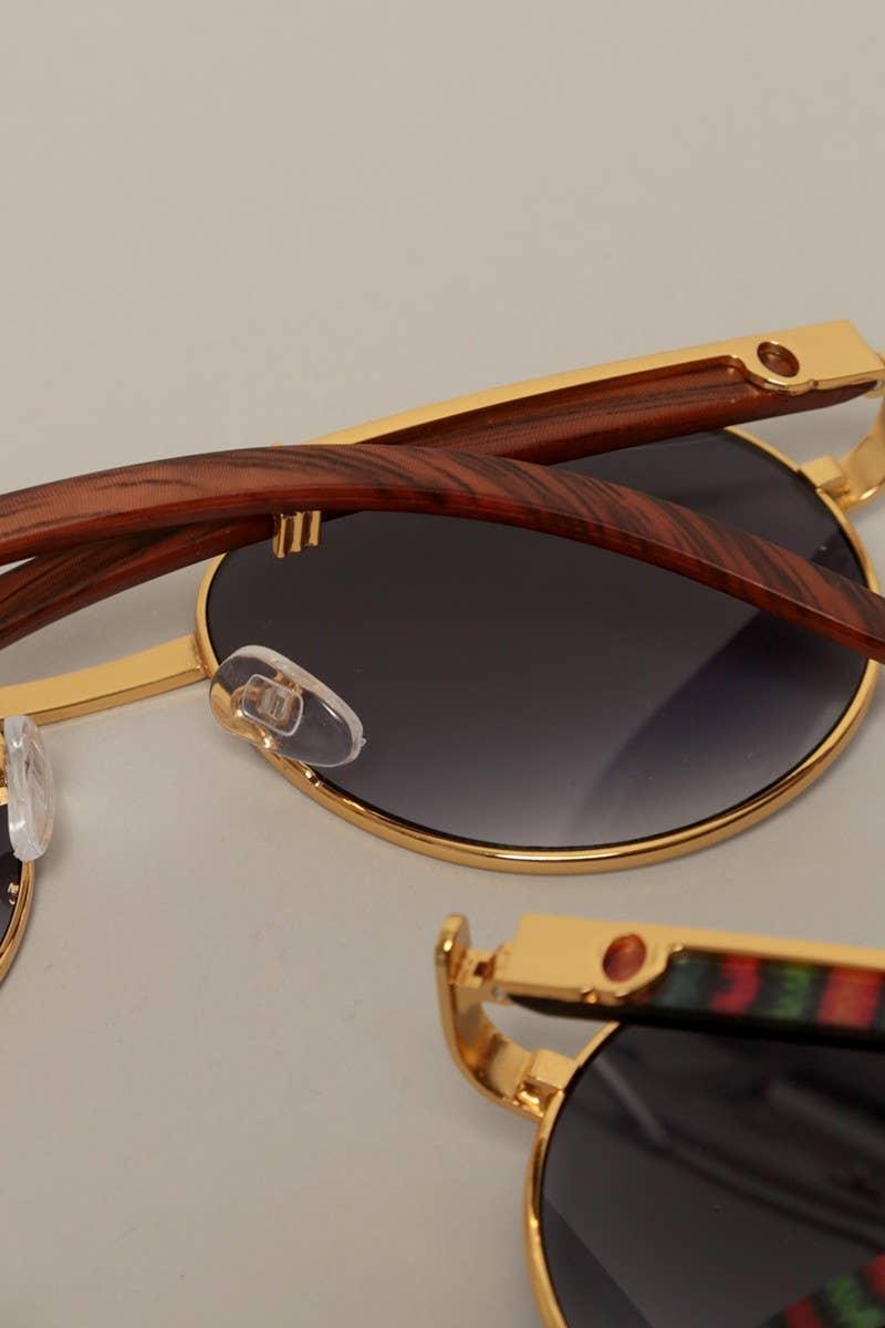 Faux Wood Frame Round Sunglasses