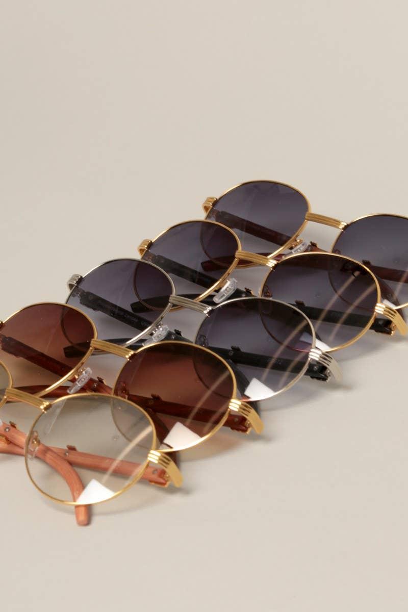 Faux Wood Frame Round Sunglasses