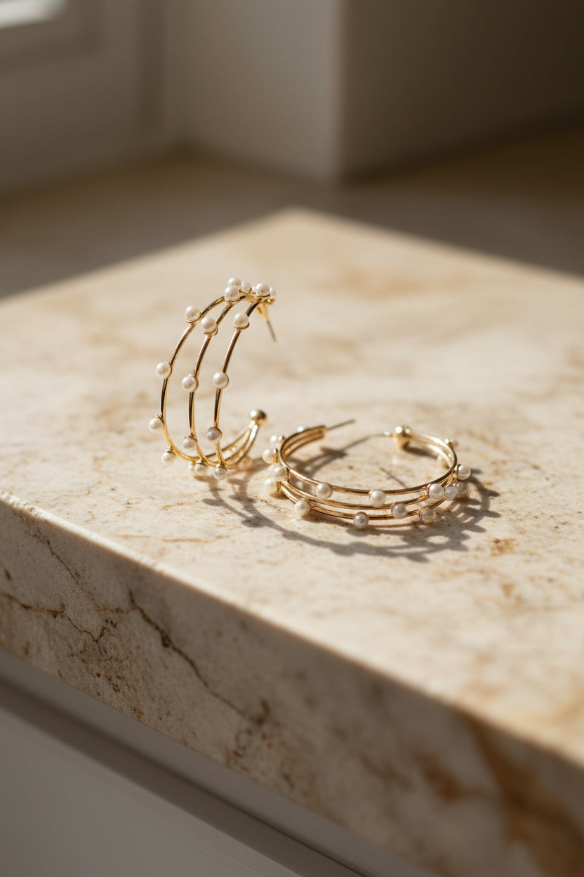 Gold Wire Pearl Hoop Earrings
