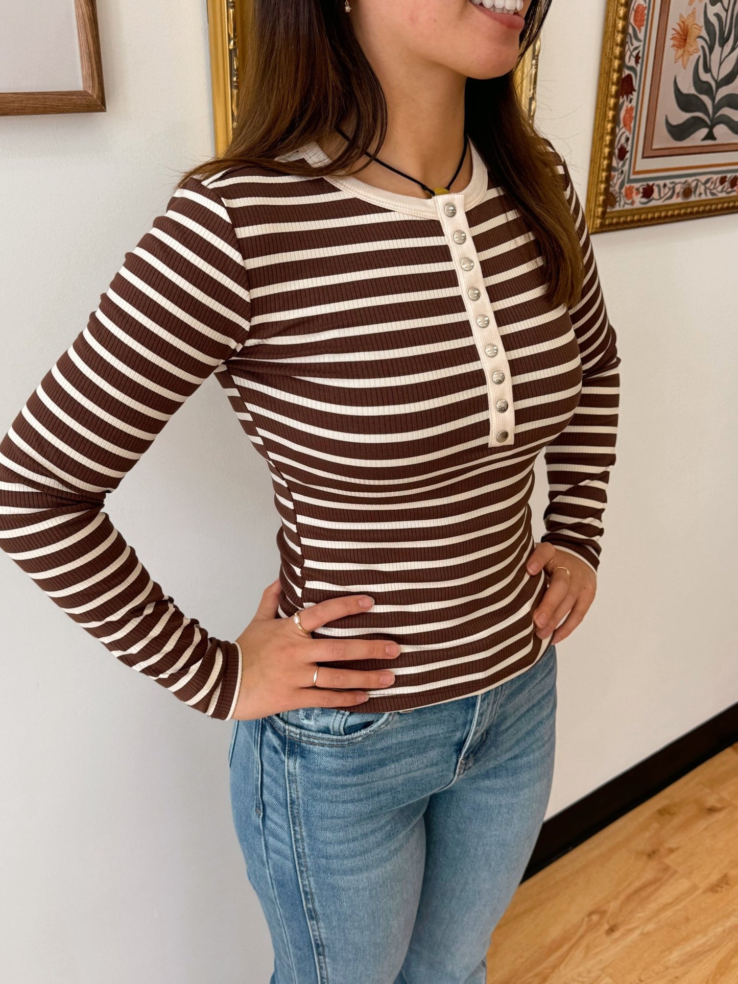 Henley Stripe Ribbed Knit Top Shirts & Tops