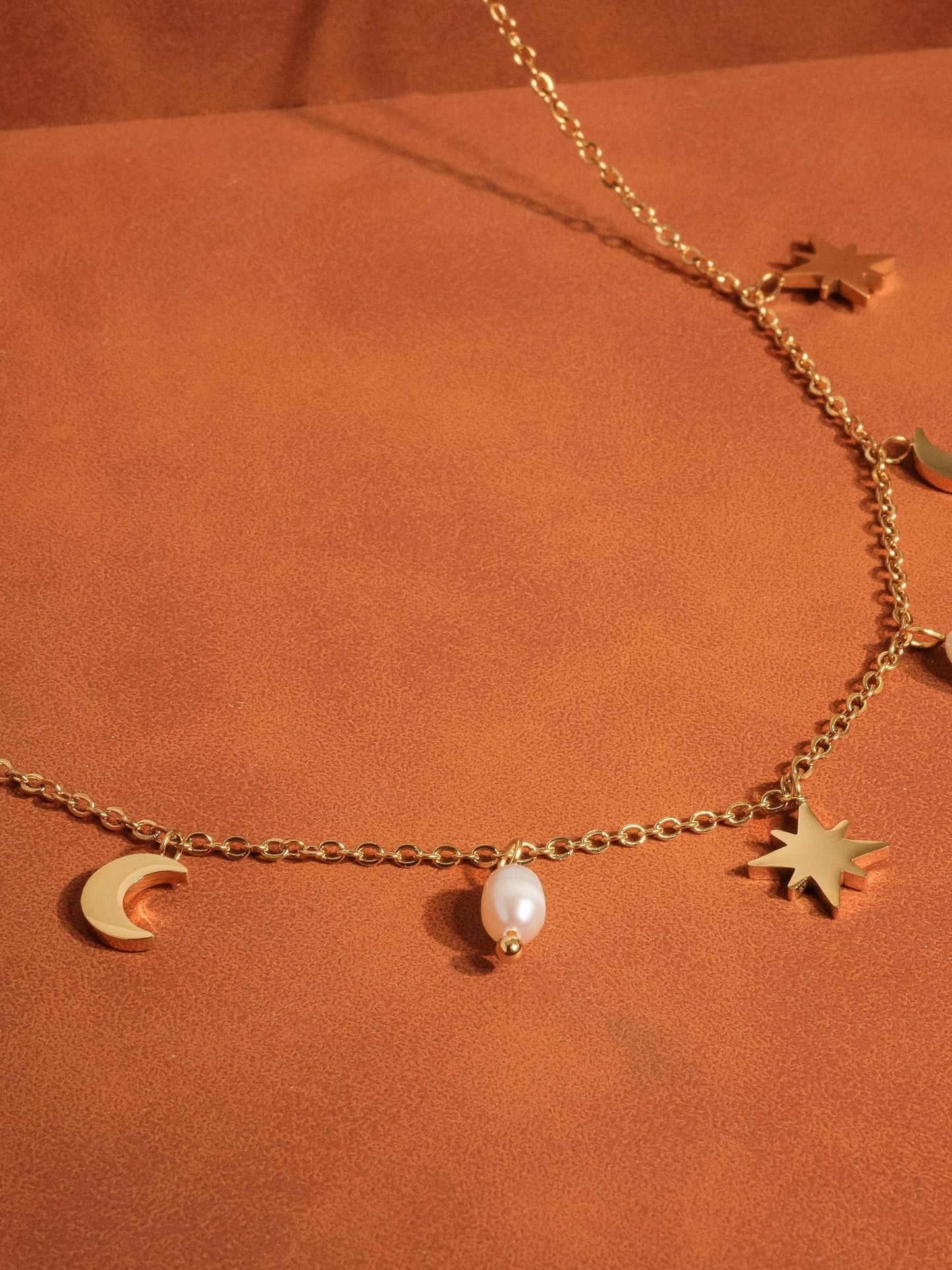 18K Gold Pearl Moon and Star Choker