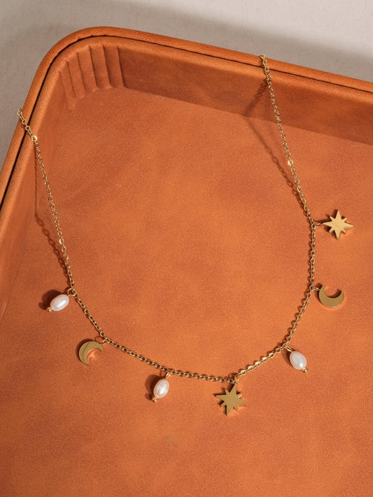 18K Gold Pearl Moon and Star Choker