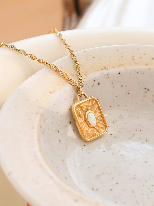 18K Rectangle Opal Necklace Yellow Gold