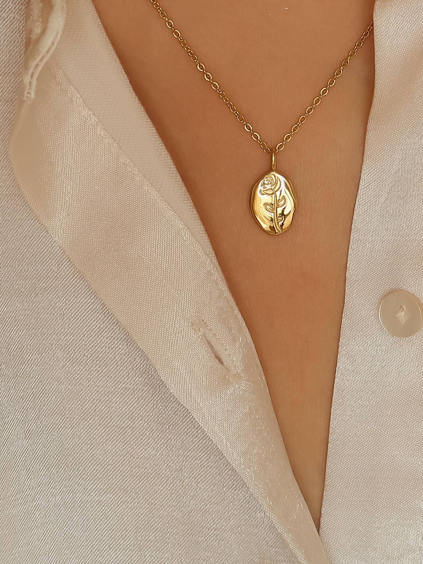 18K Gold Non-Tarnish Rose Coin Necklace