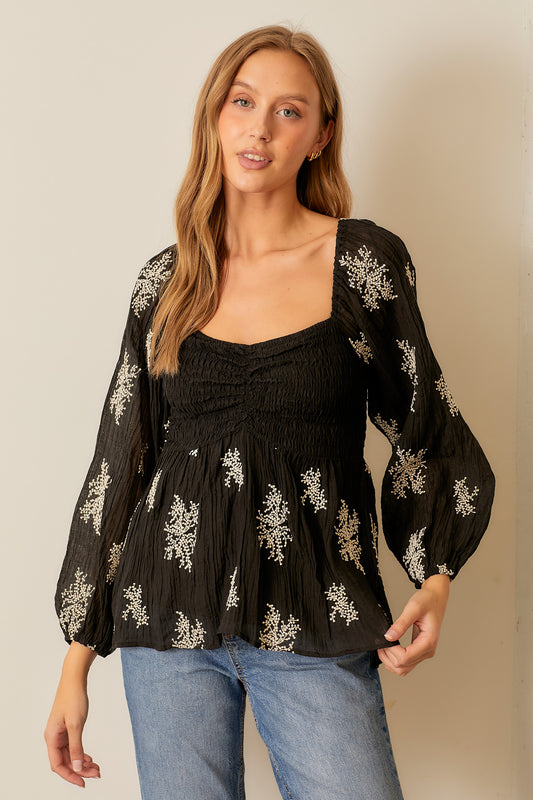 Embroidered Sweetheart Long-sleeve Top