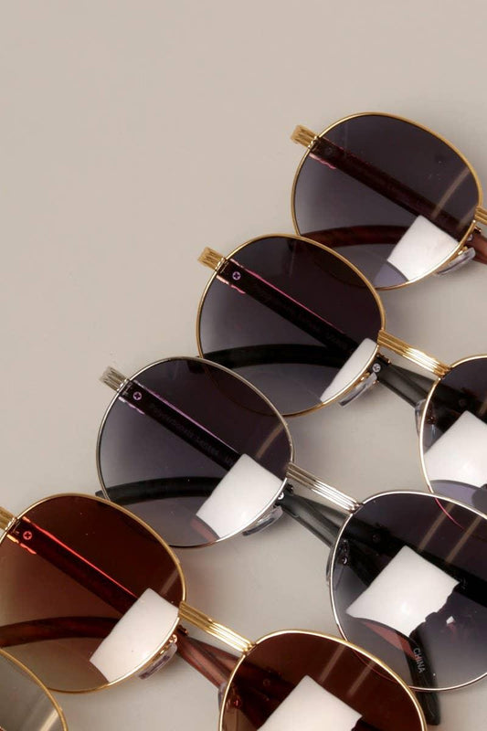 Faux Wood Frame Round Sunglasses